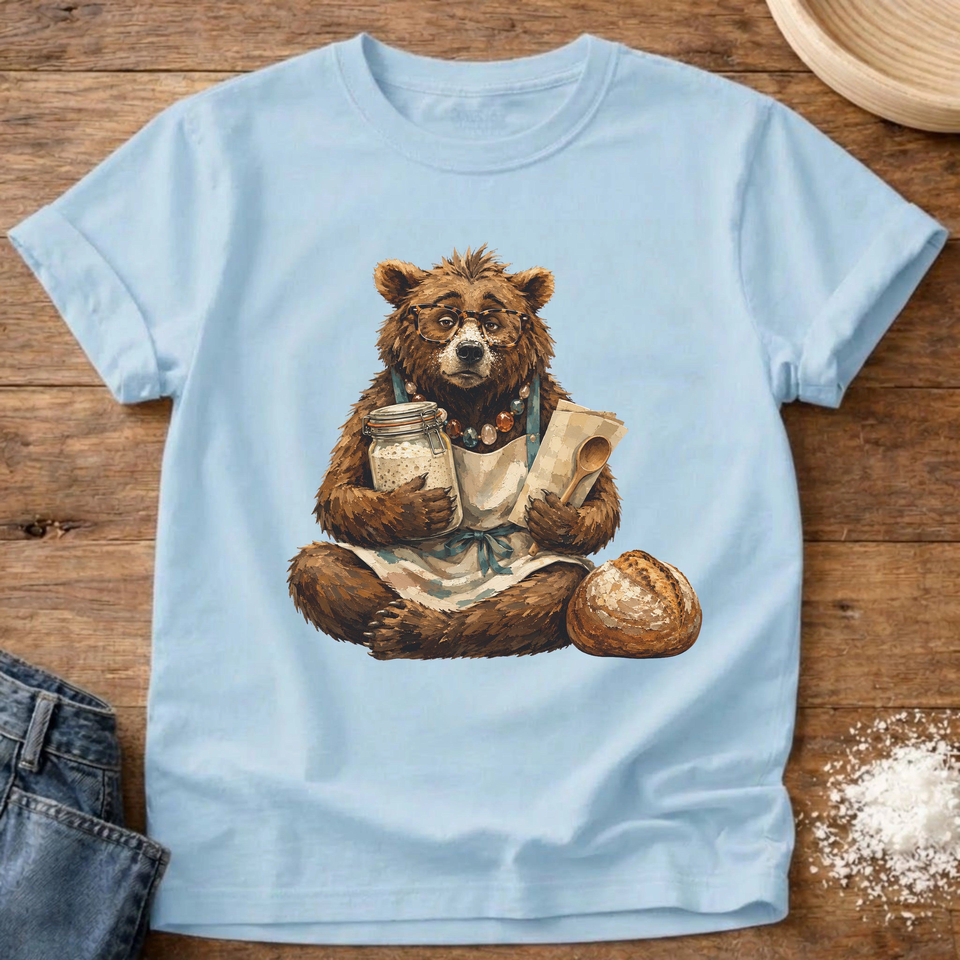 Knead More Fun Frazzled Bear sourdough t-shirt in Chambray