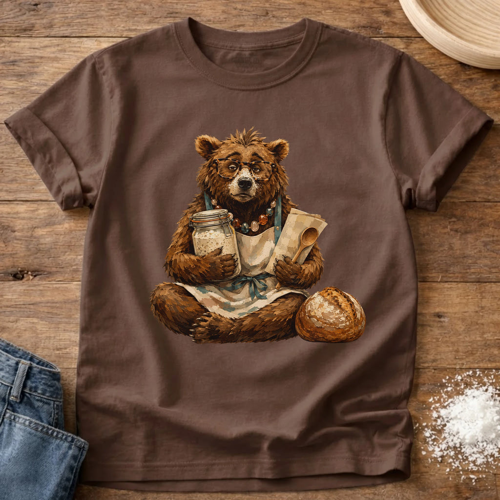 Knead More Fun Frazzled Bear sourdough t-shirt in Espresso