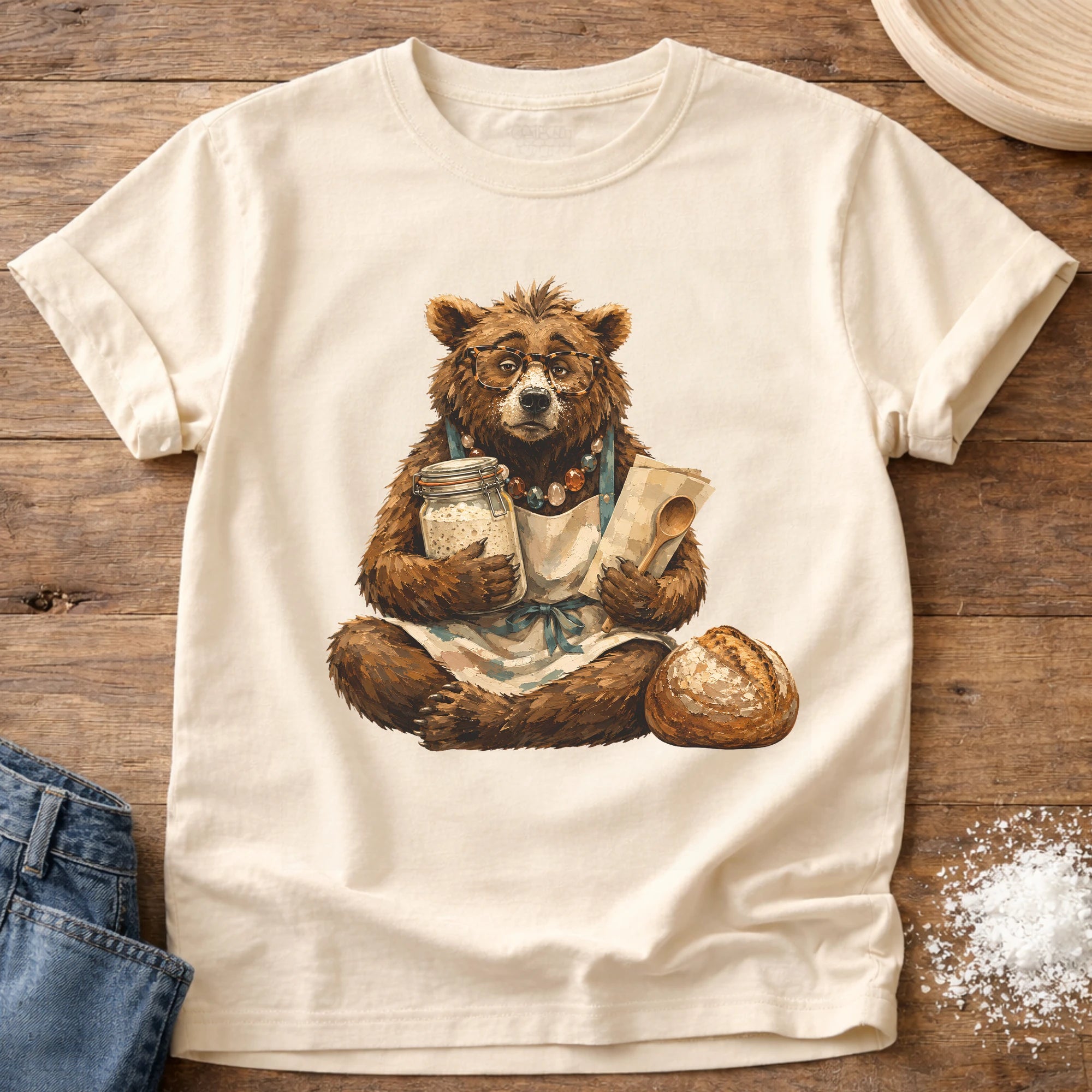 Knead More Fun Frazzled Bear sourdough t-shirt in Ivory