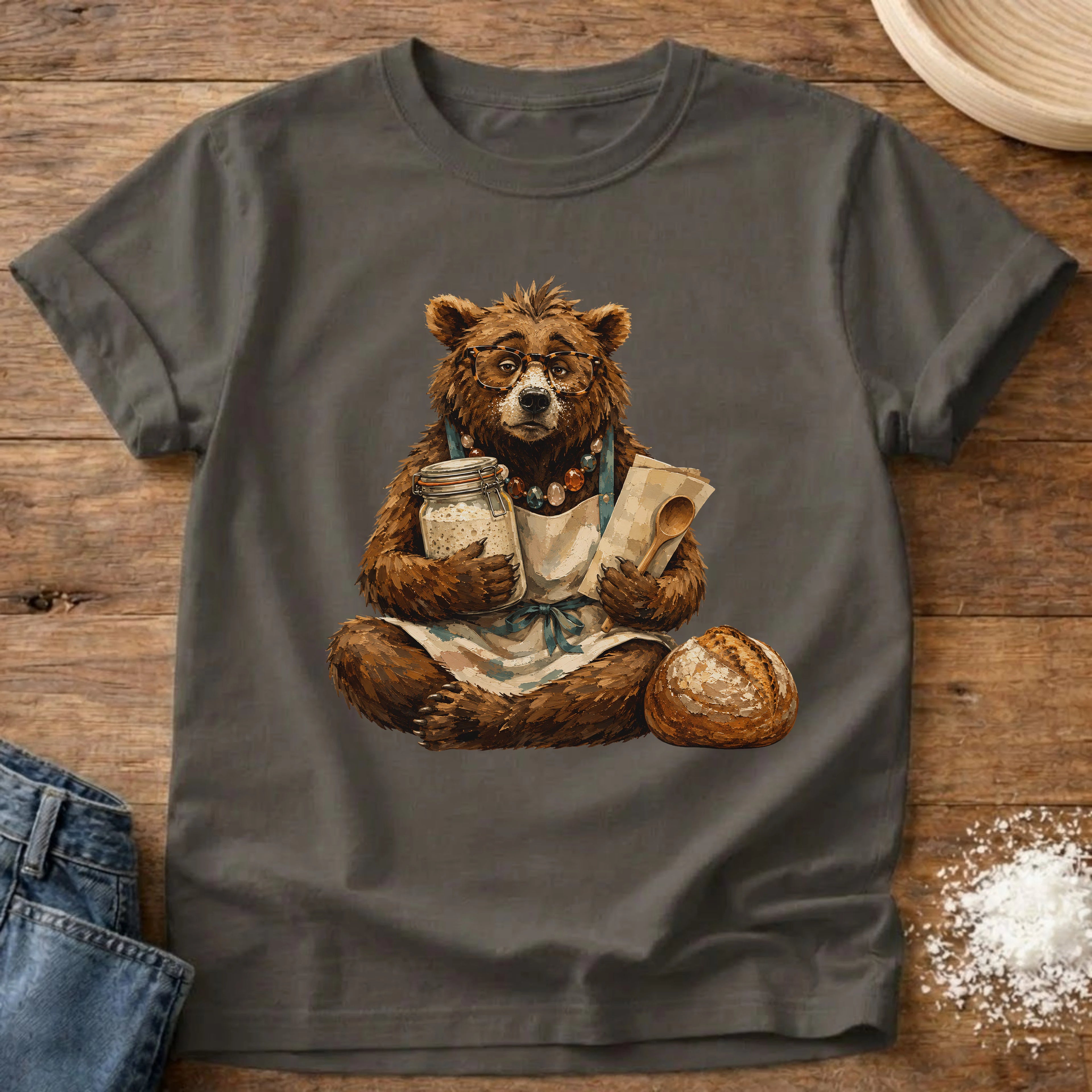 Knead More Fun Frazzled Bear sourdough t-shirt in Pepper