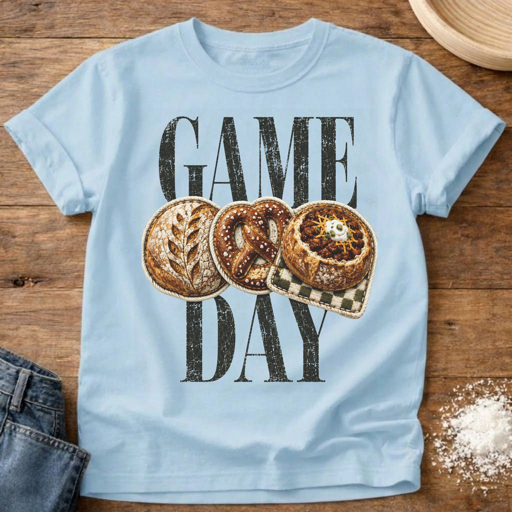 Knead More Fun Game Day sourdough t-shirt in Chambray