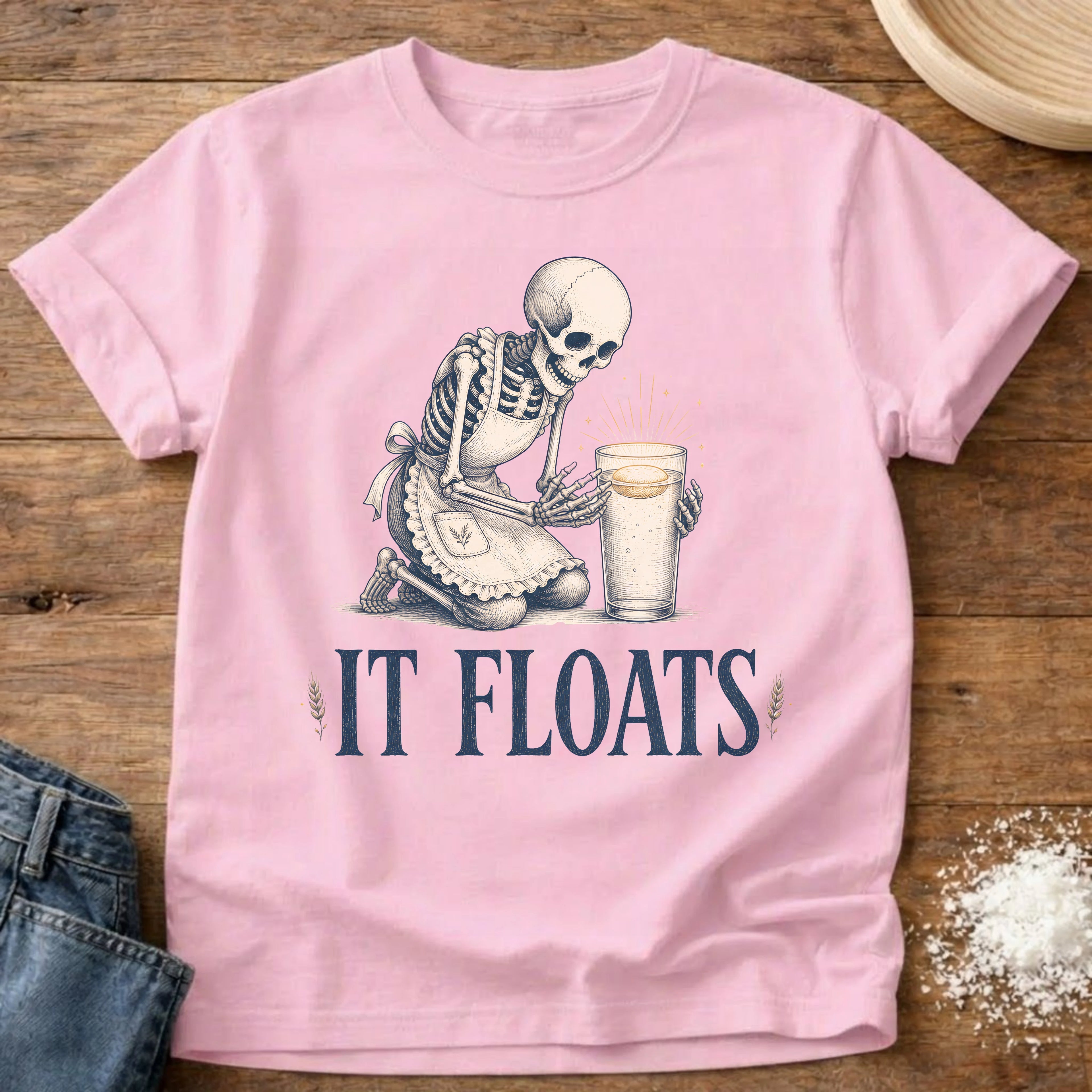 Knead More Fun It Floats Skeleton sourdough t-shirt in Blossom