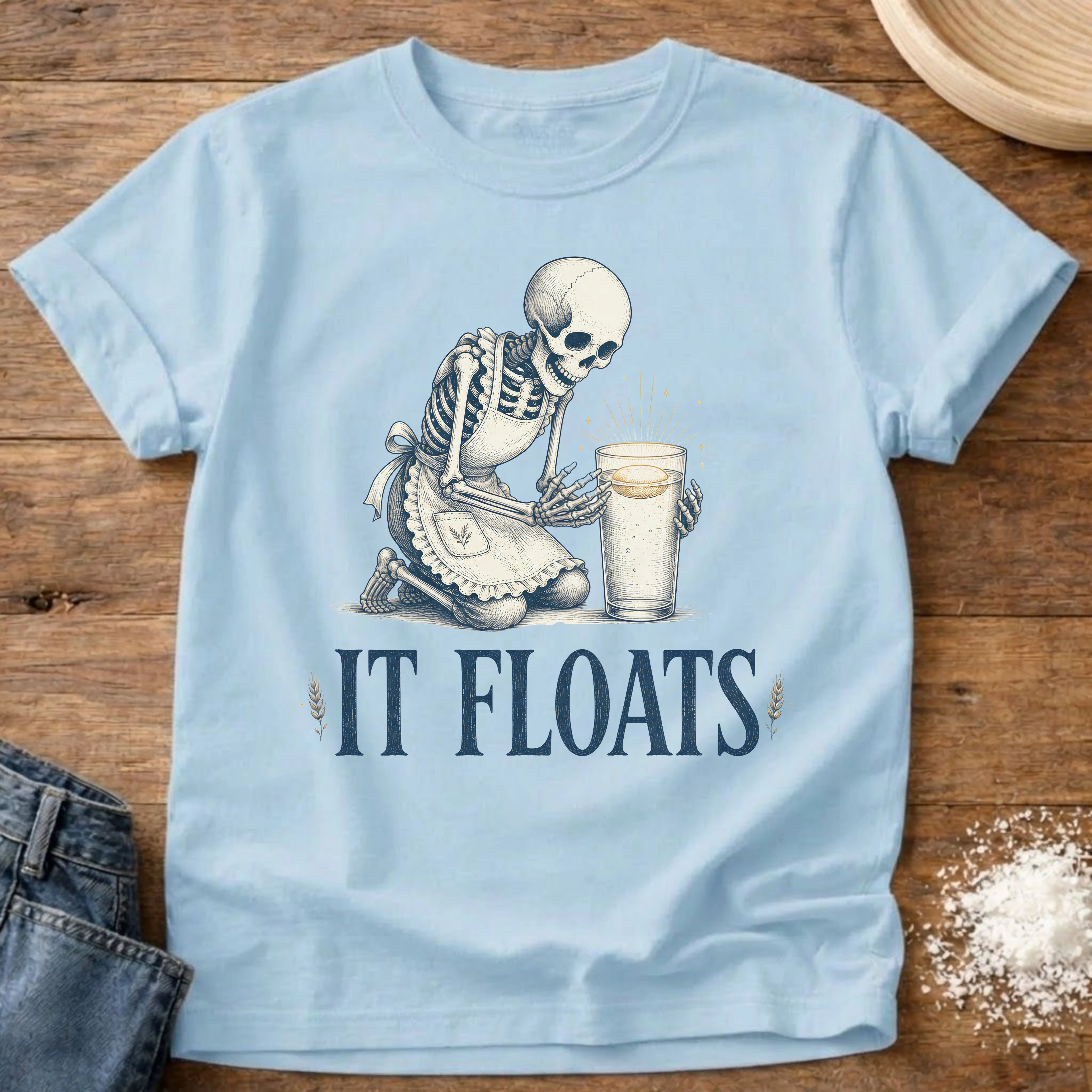 Knead More Fun It Floats Skeleton sourdough t-shirt in Chambray