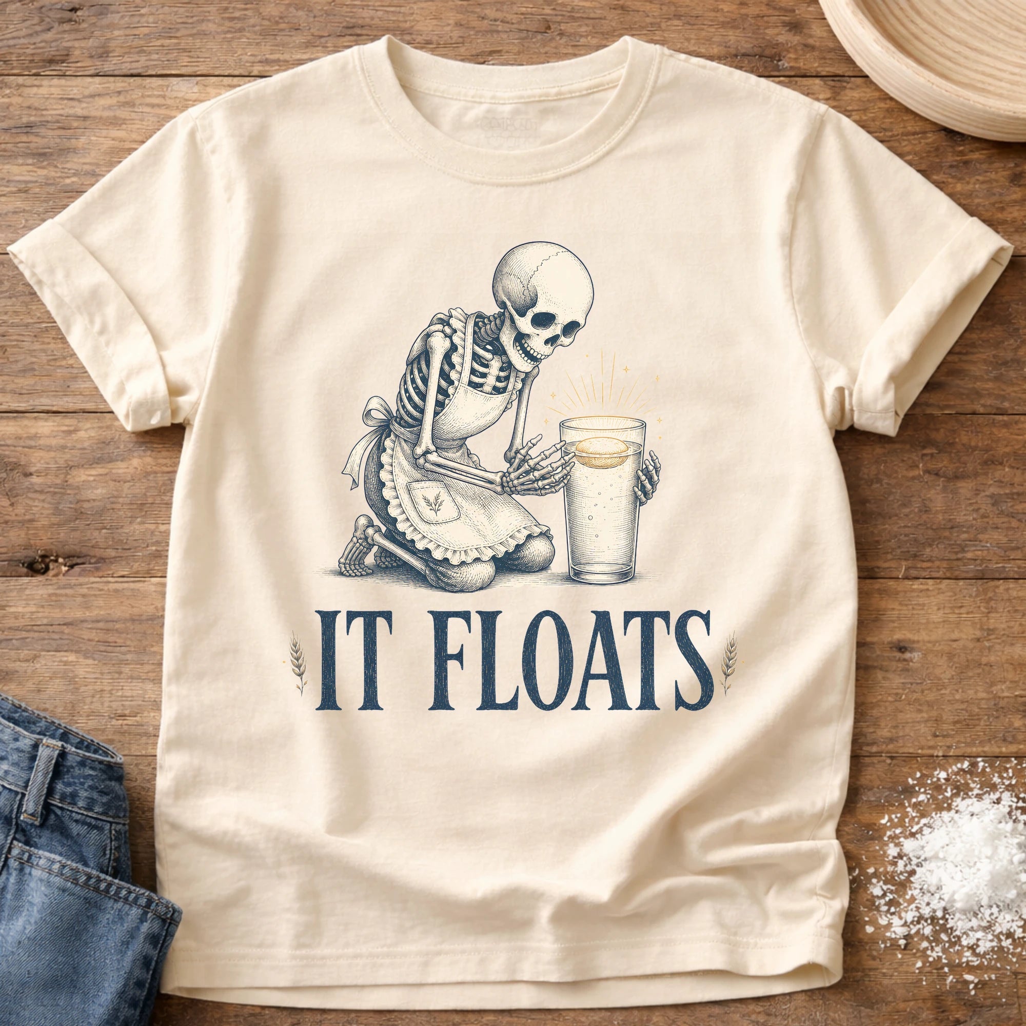 Knead More Fun It Floats Skeleton sourdough t-shirt in Ivory
