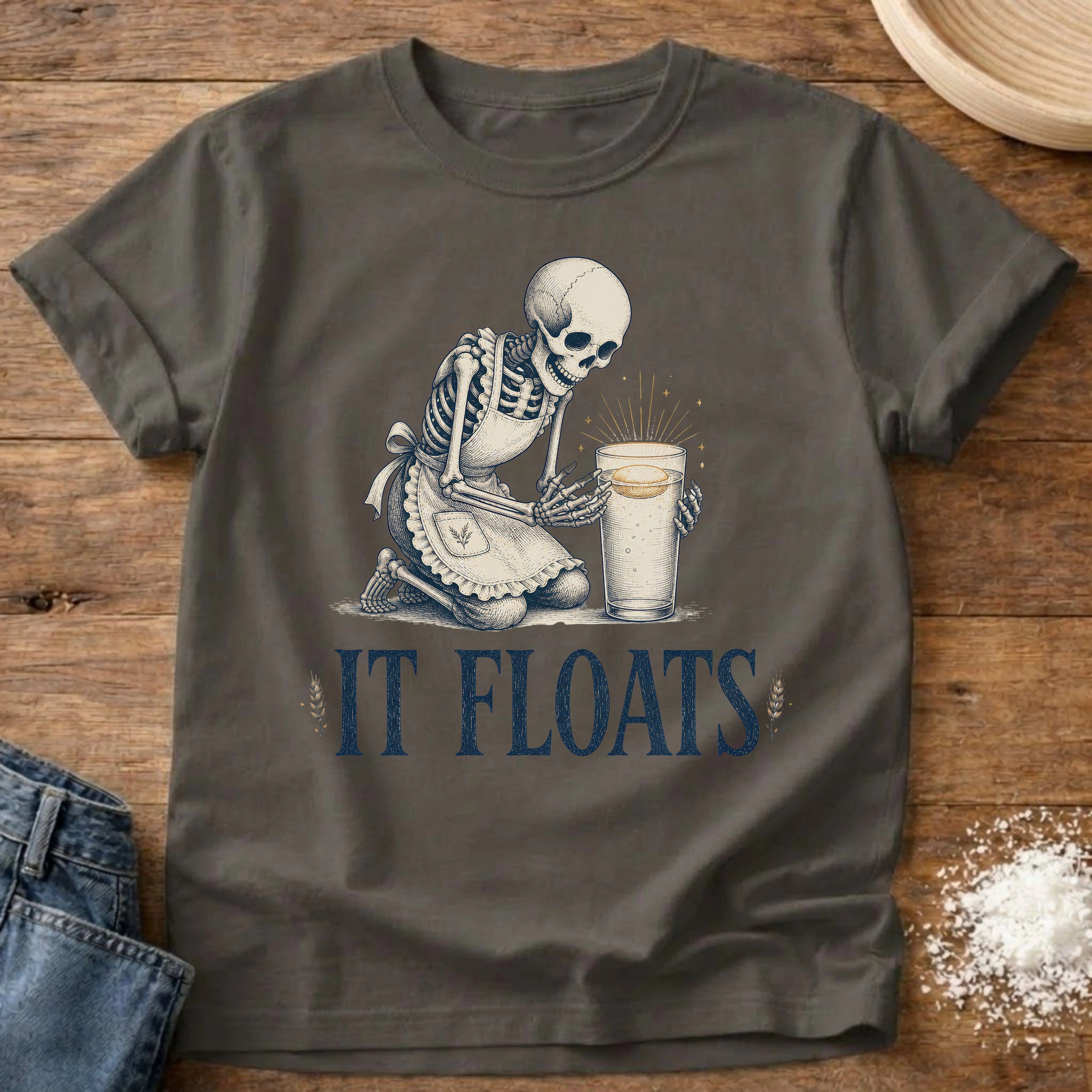 Knead More Fun It Floats Skeleton sourdough t-shirt in Pepper