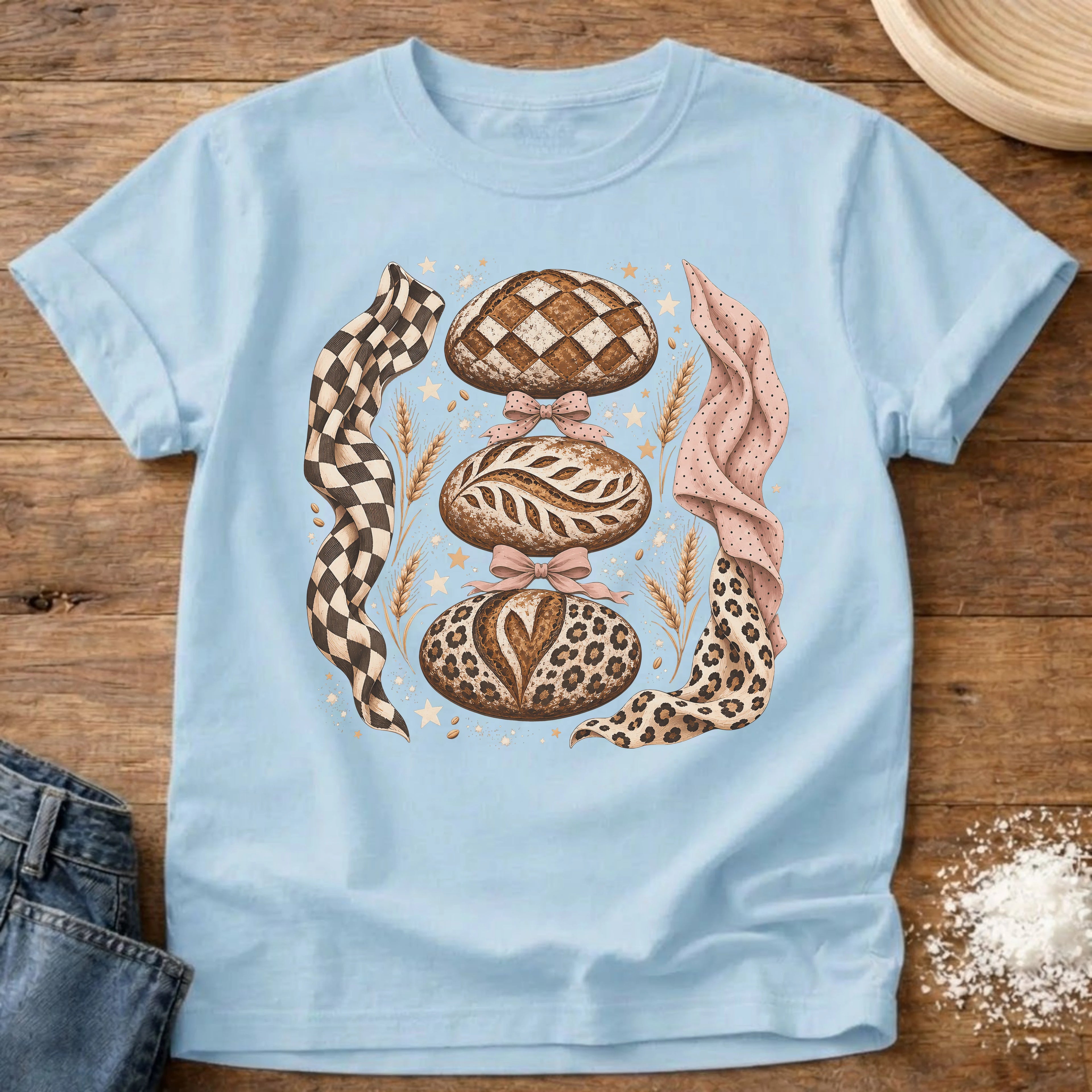Knead More Fun Leopard Print Loafs sourdough t-shirt in Chambray