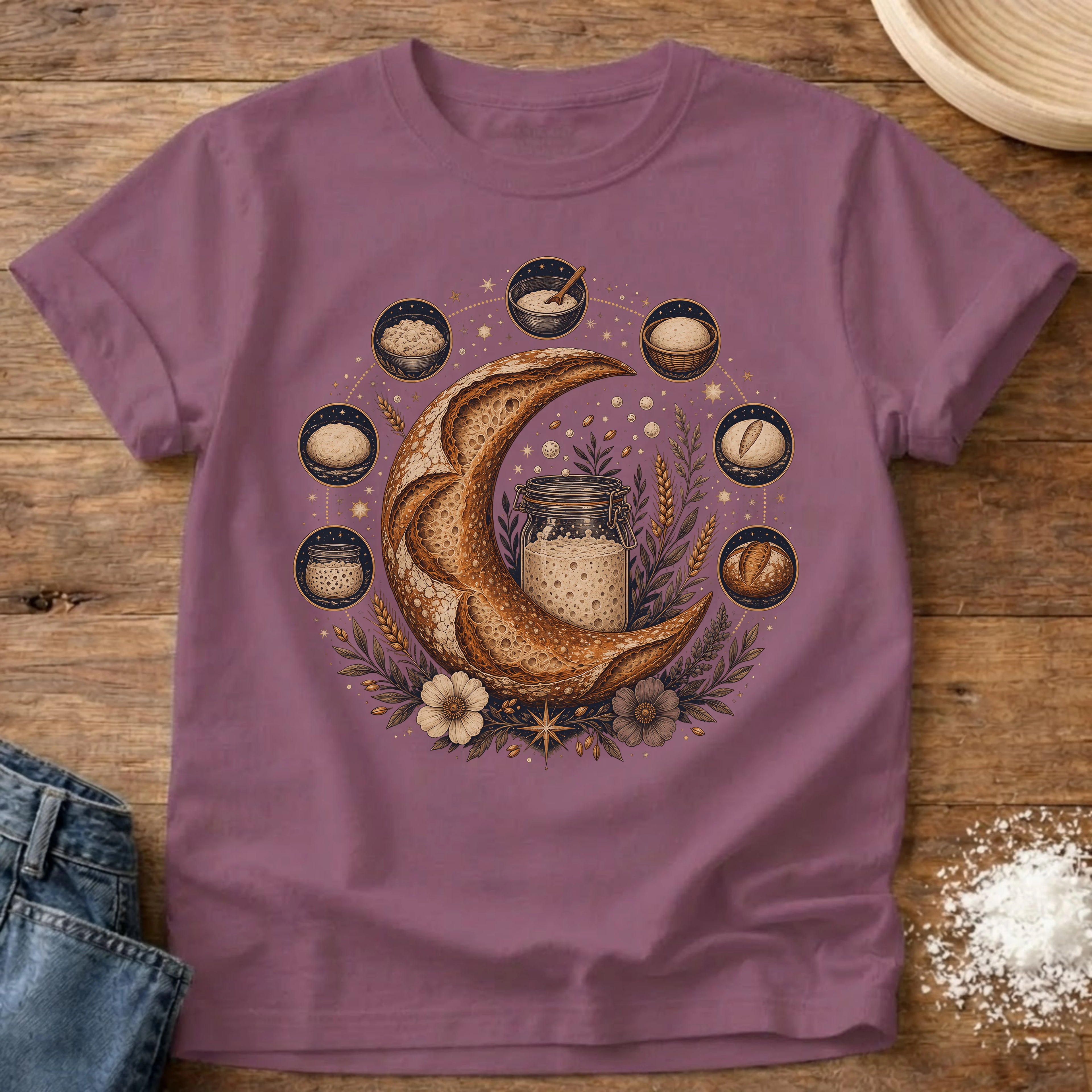 Knead More Fun Moon Phases sourdough t-shirt in Berry