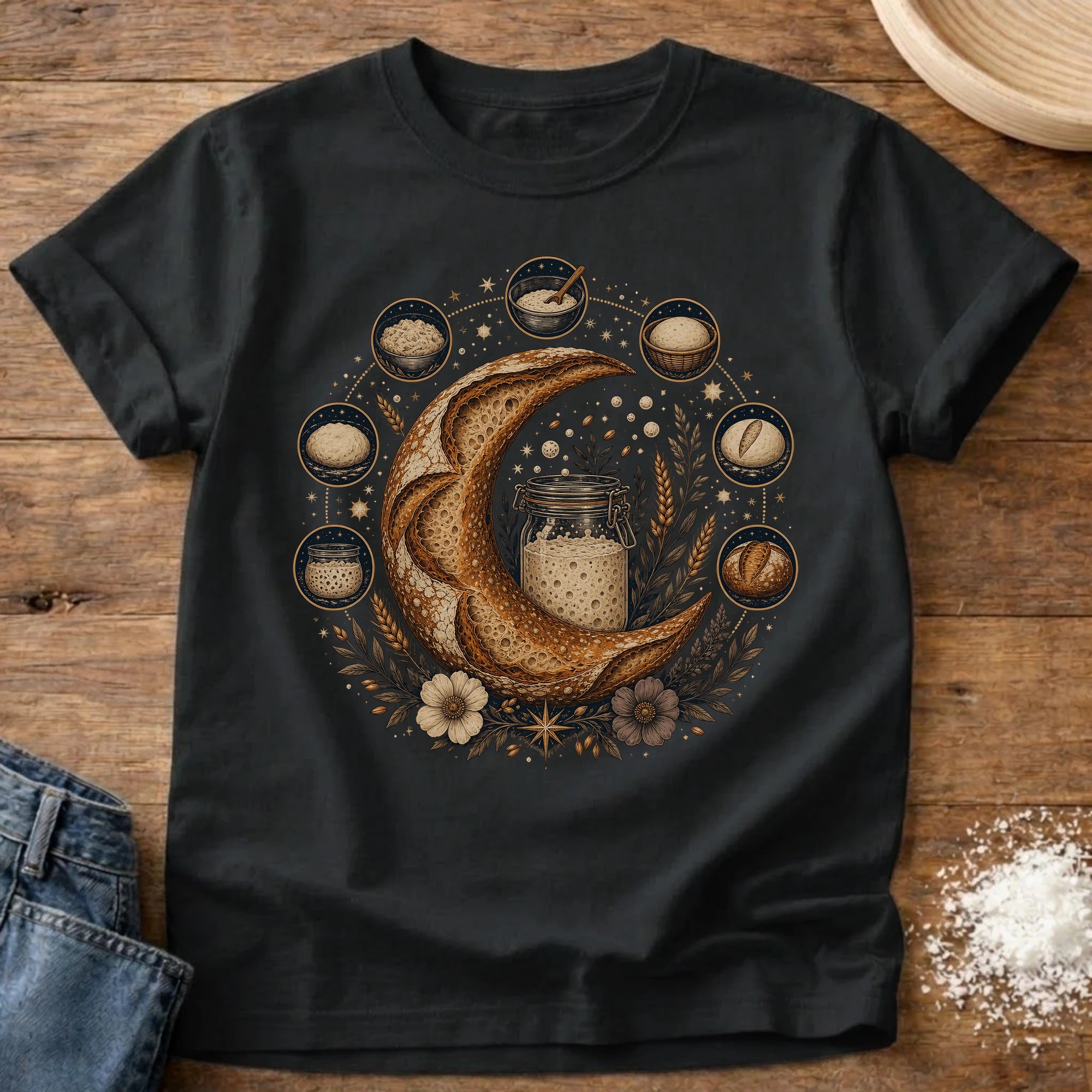 Knead More Fun Moon Phases sourdough t-shirt in Black