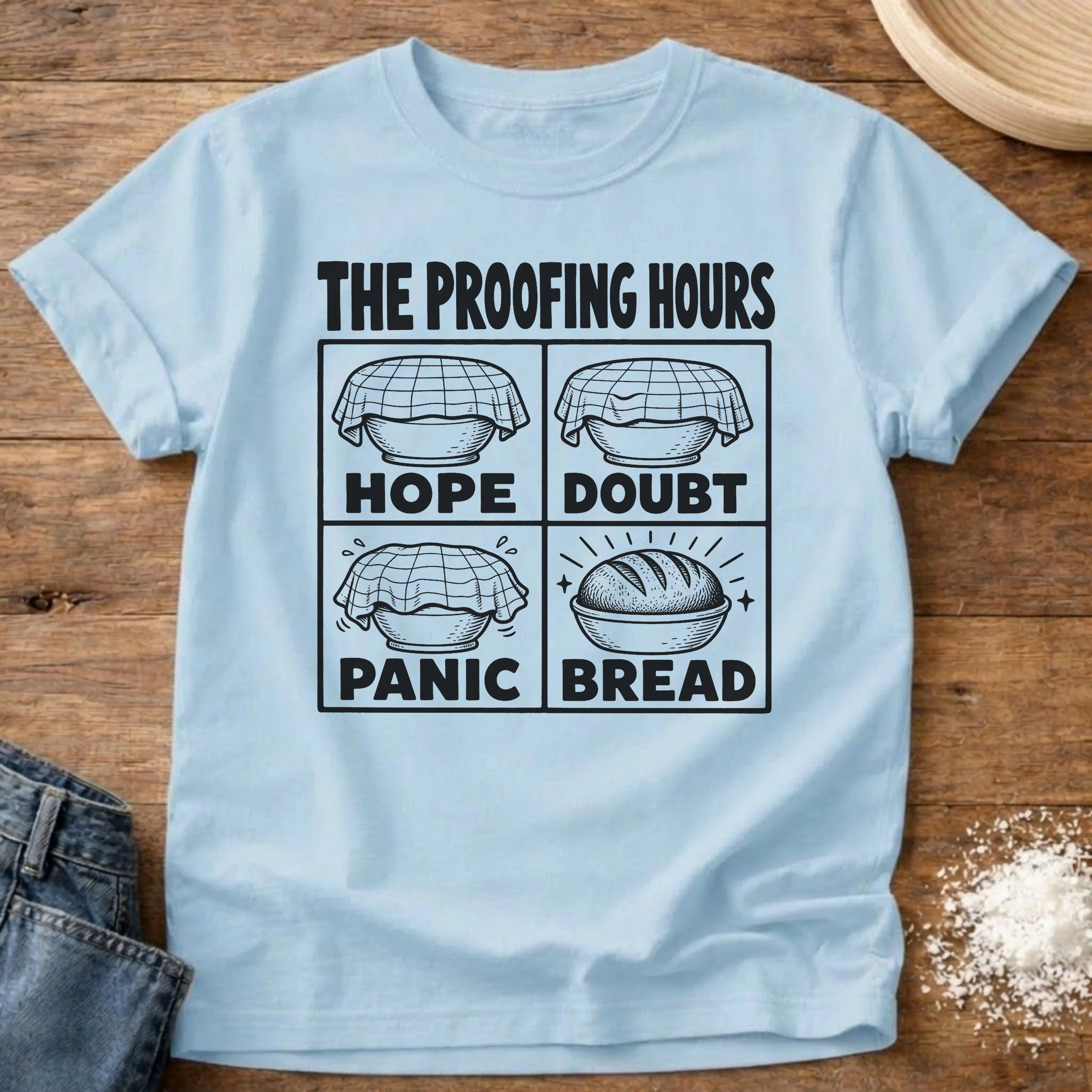 Knead More Fun Proofing Hours sourdough t-shirt in Chambray