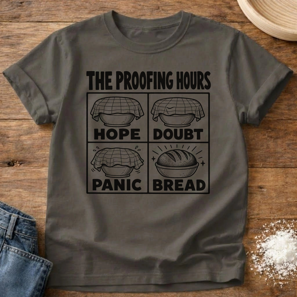 Knead More Fun Proofing Hours sourdough t-shirt in Pepper