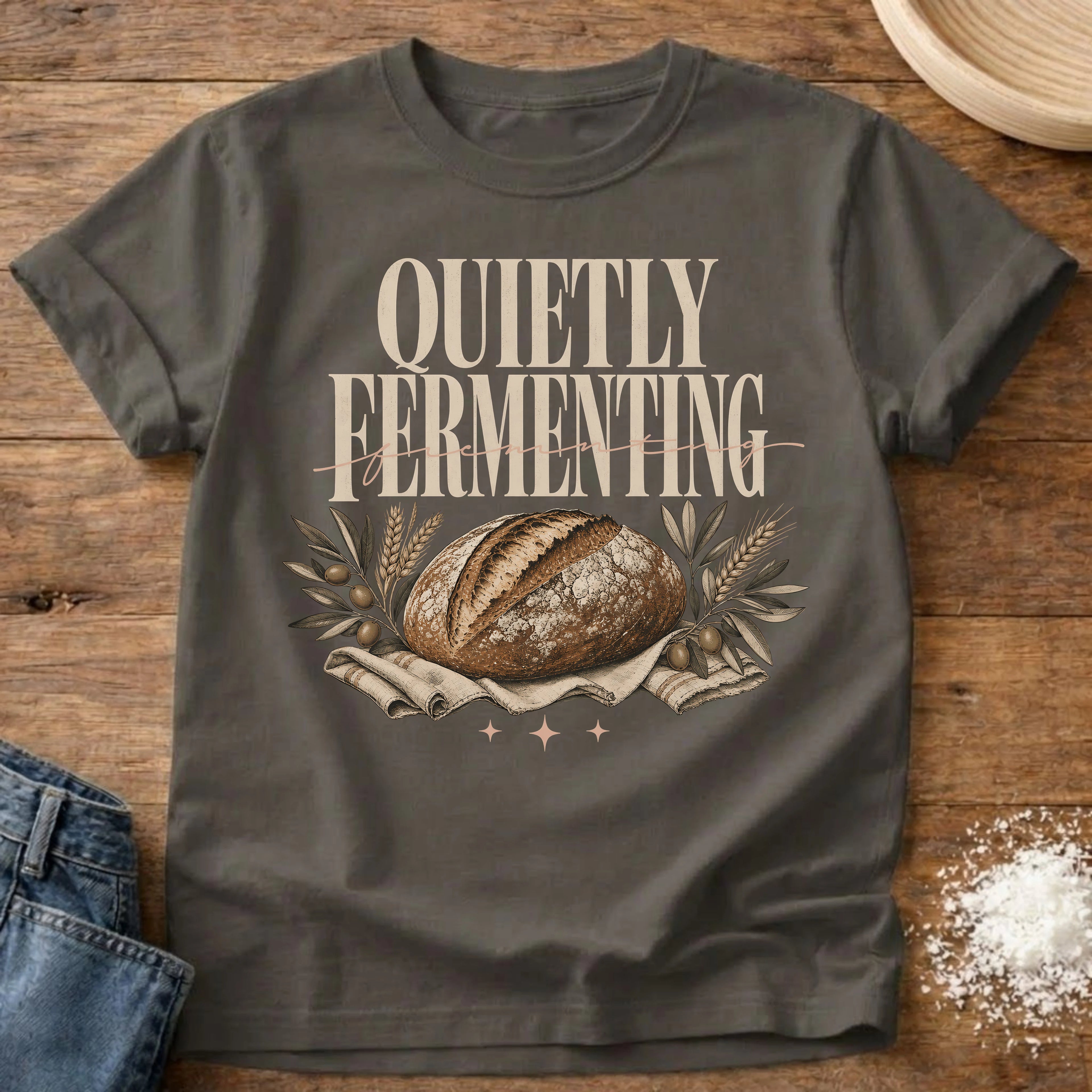 Knead More Fun Quietly Fermenting sourdough t-shirt in Pepper