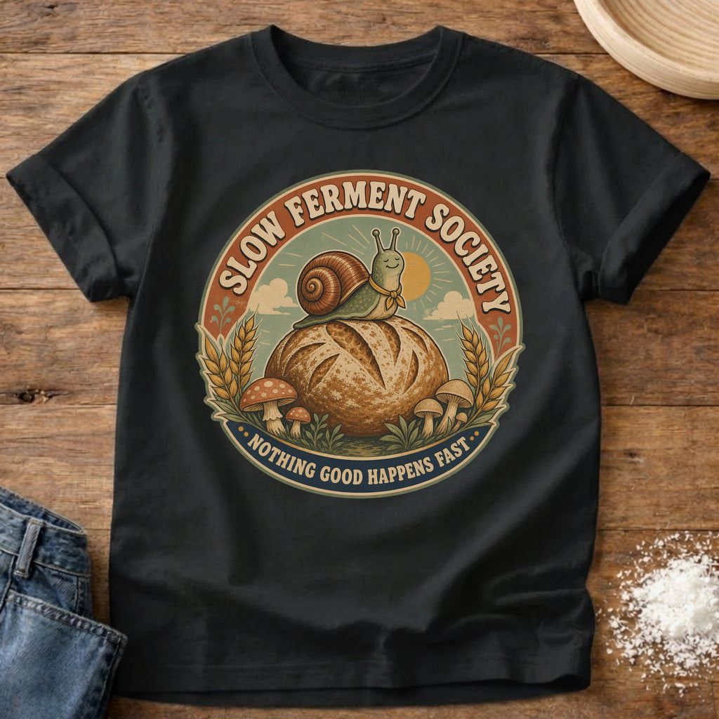 Knead More Fun Slow Ferment Snail sourdough t-shirt in Black