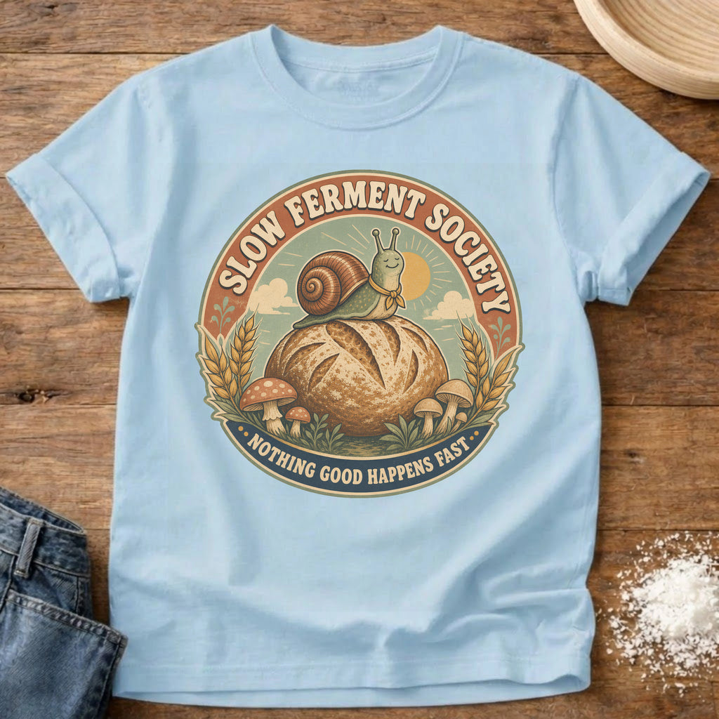 Knead More Fun Slow Ferment Snail sourdough t-shirt in Chambray