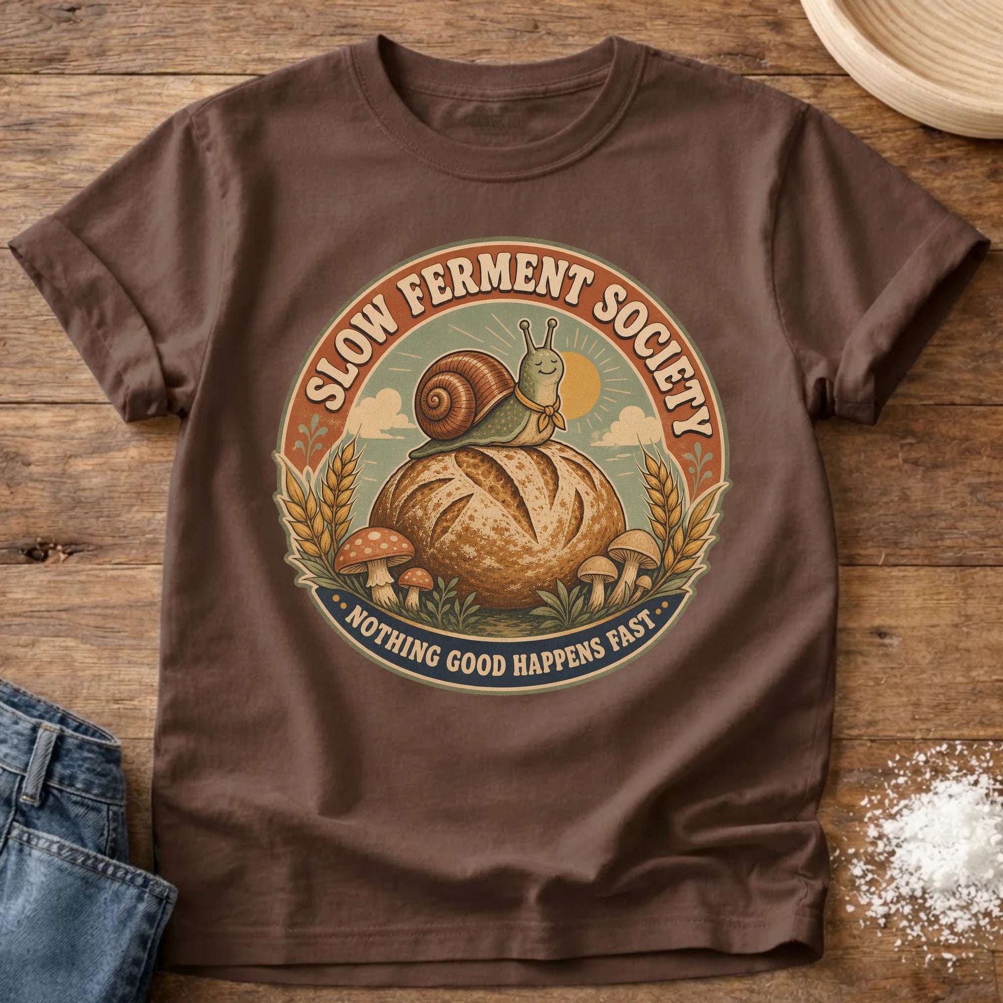 Knead More Fun Slow Ferment Snail sourdough t-shirt in Espresso