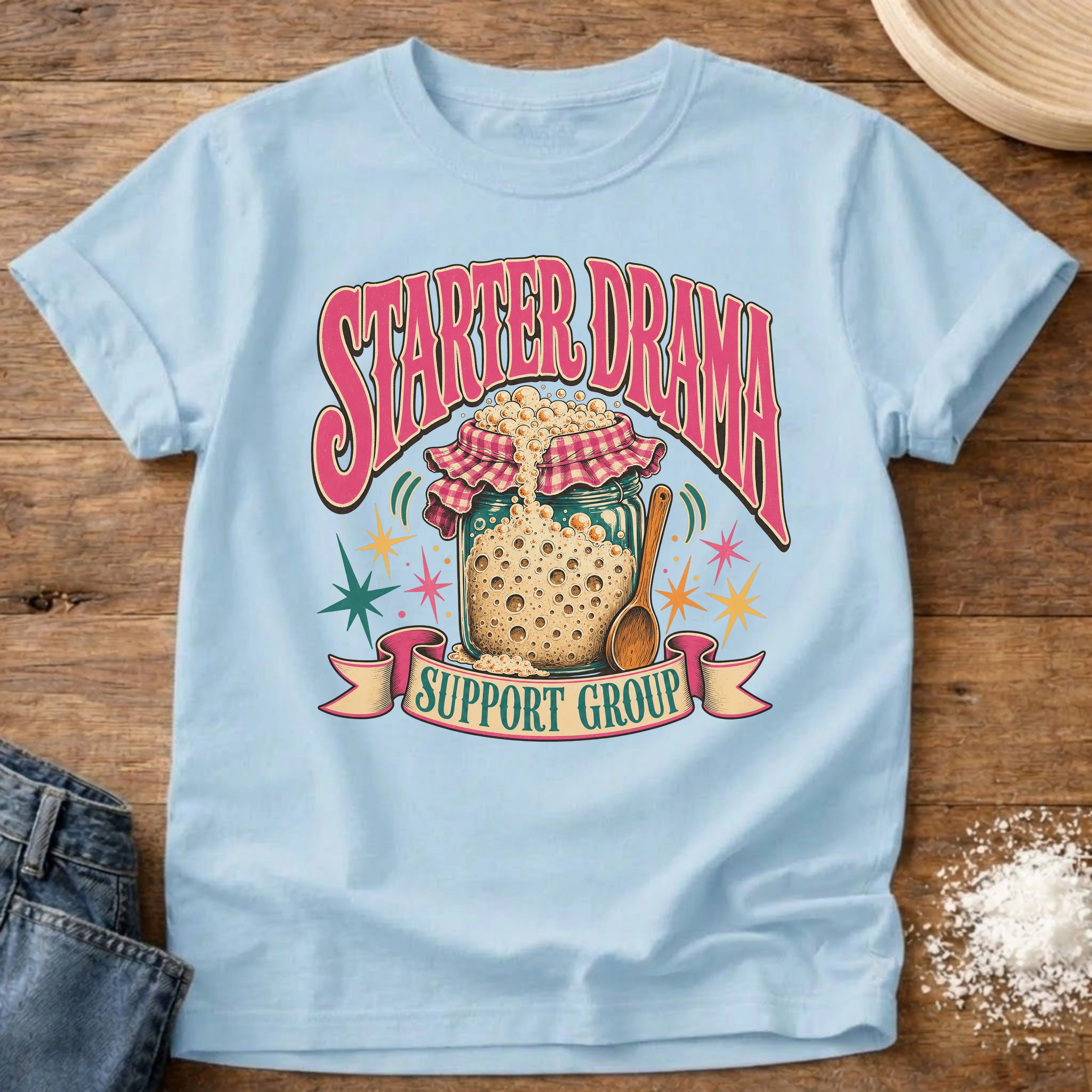 Knead More Fun Starter Drama sourdough t-shirt in Chambray