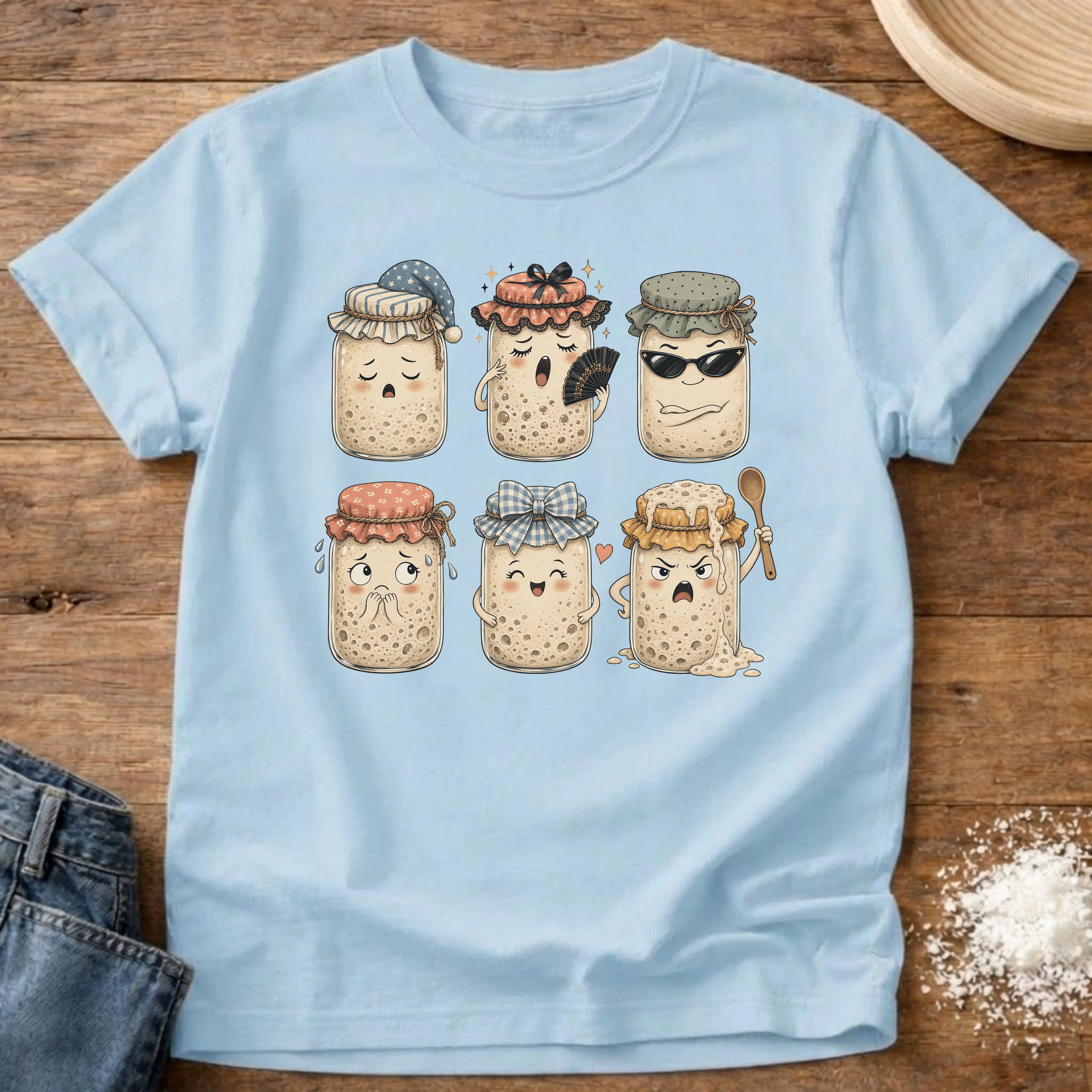 Knead More Fun Starter Moods sourdough t-shirt in Chambray