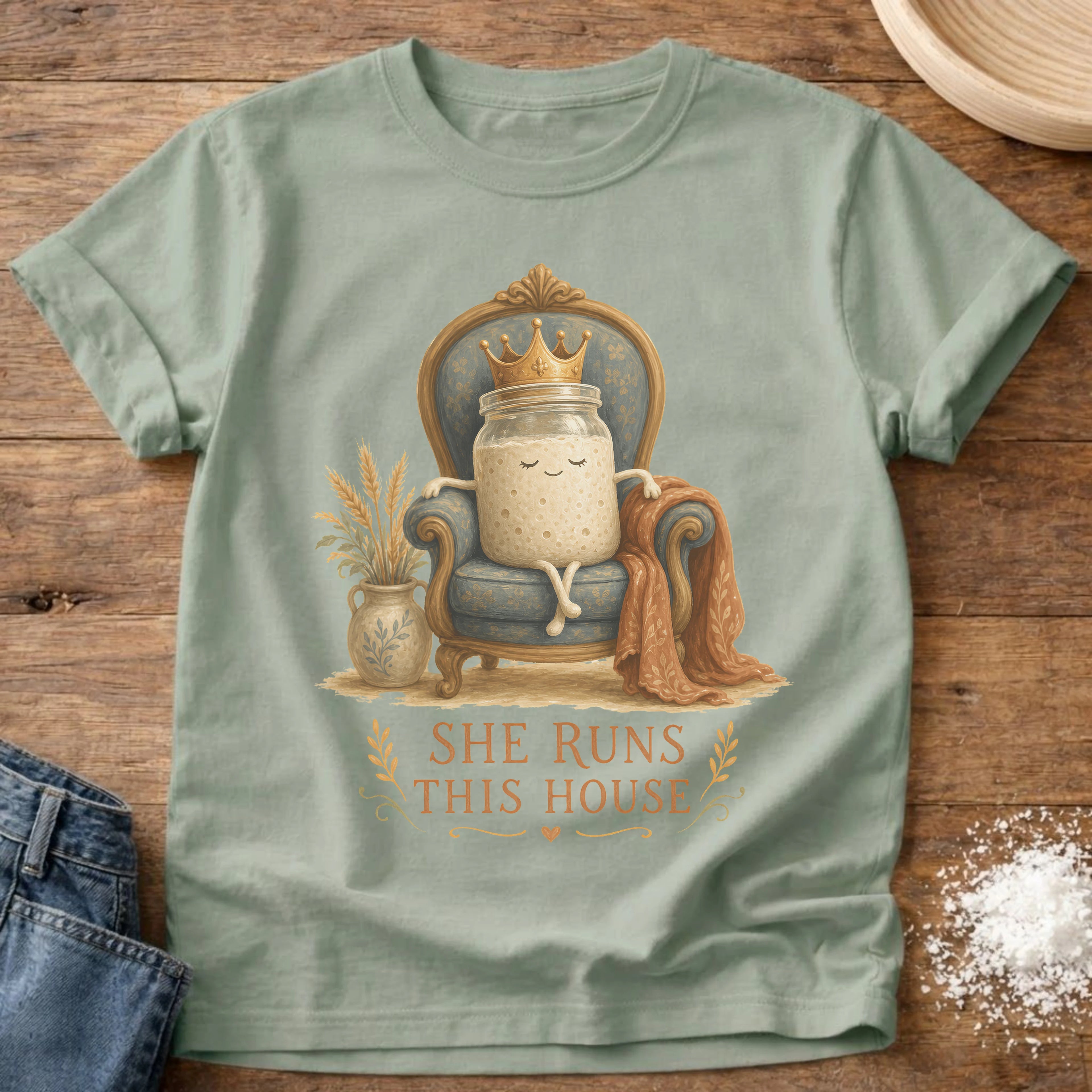 Knead More Fun Starter Runs the House sourdough t-shirt in Bay