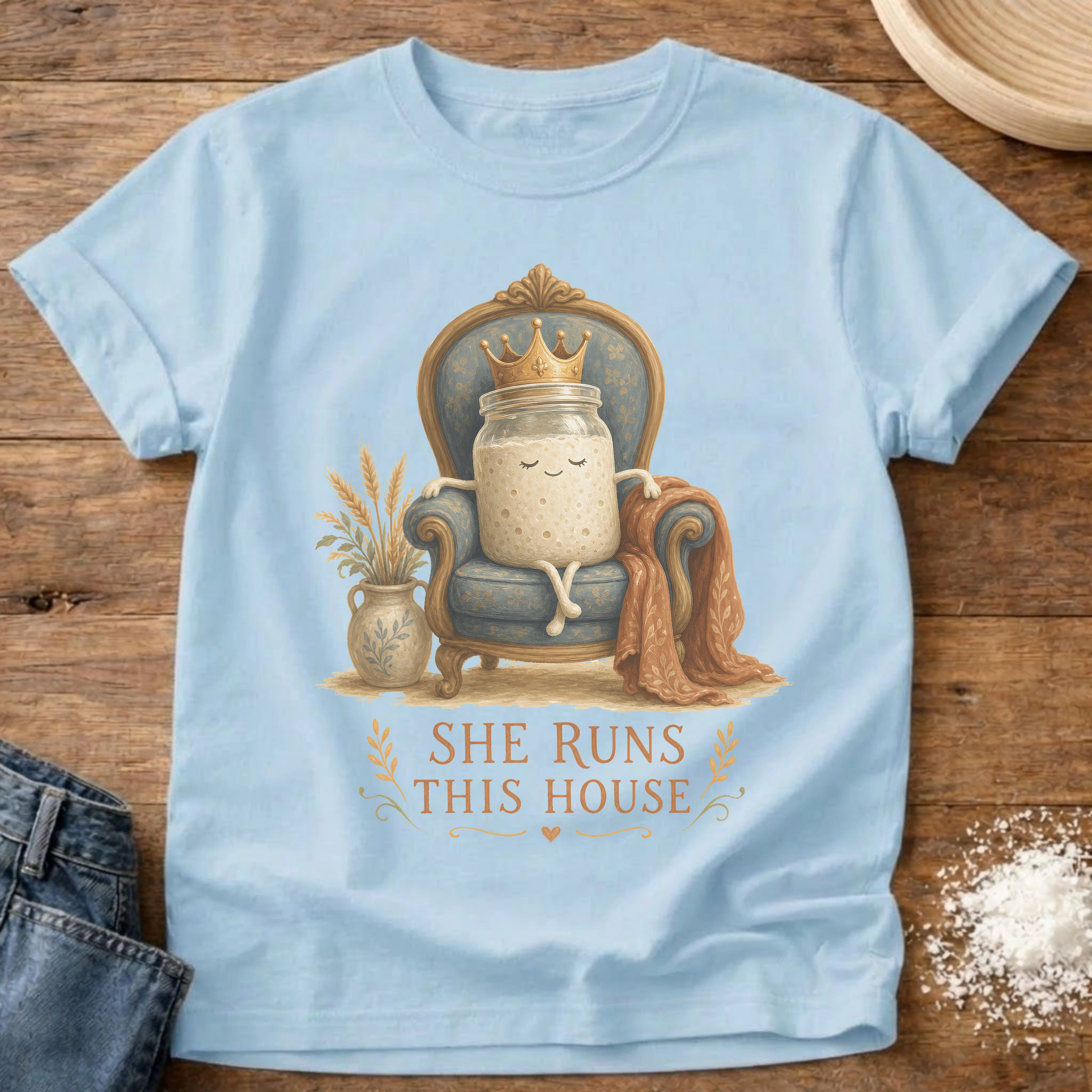 Knead More Fun Starter Runs the House sourdough t-shirt in Chambray