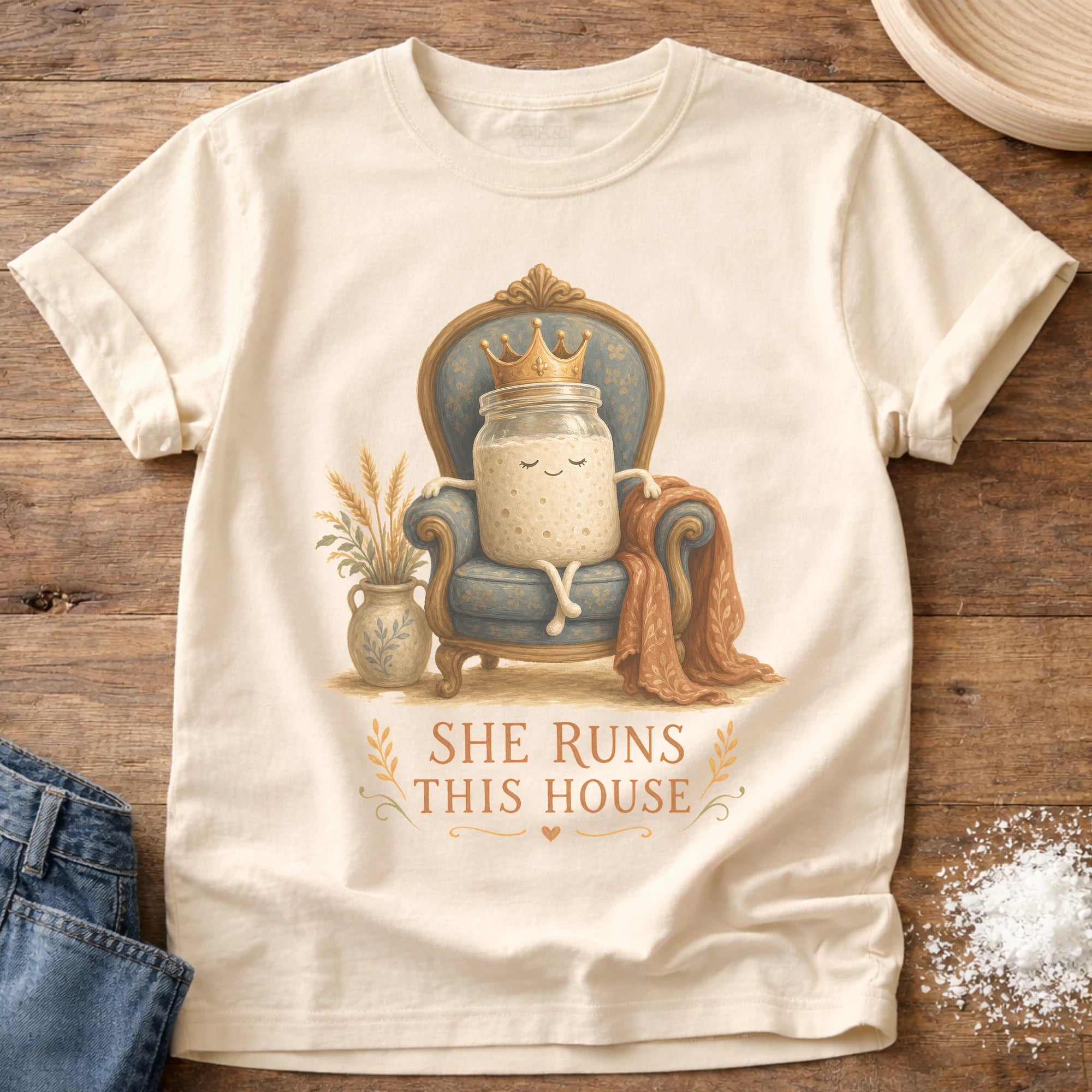 Knead More Fun Starter Runs the House sourdough t-shirt in Ivory