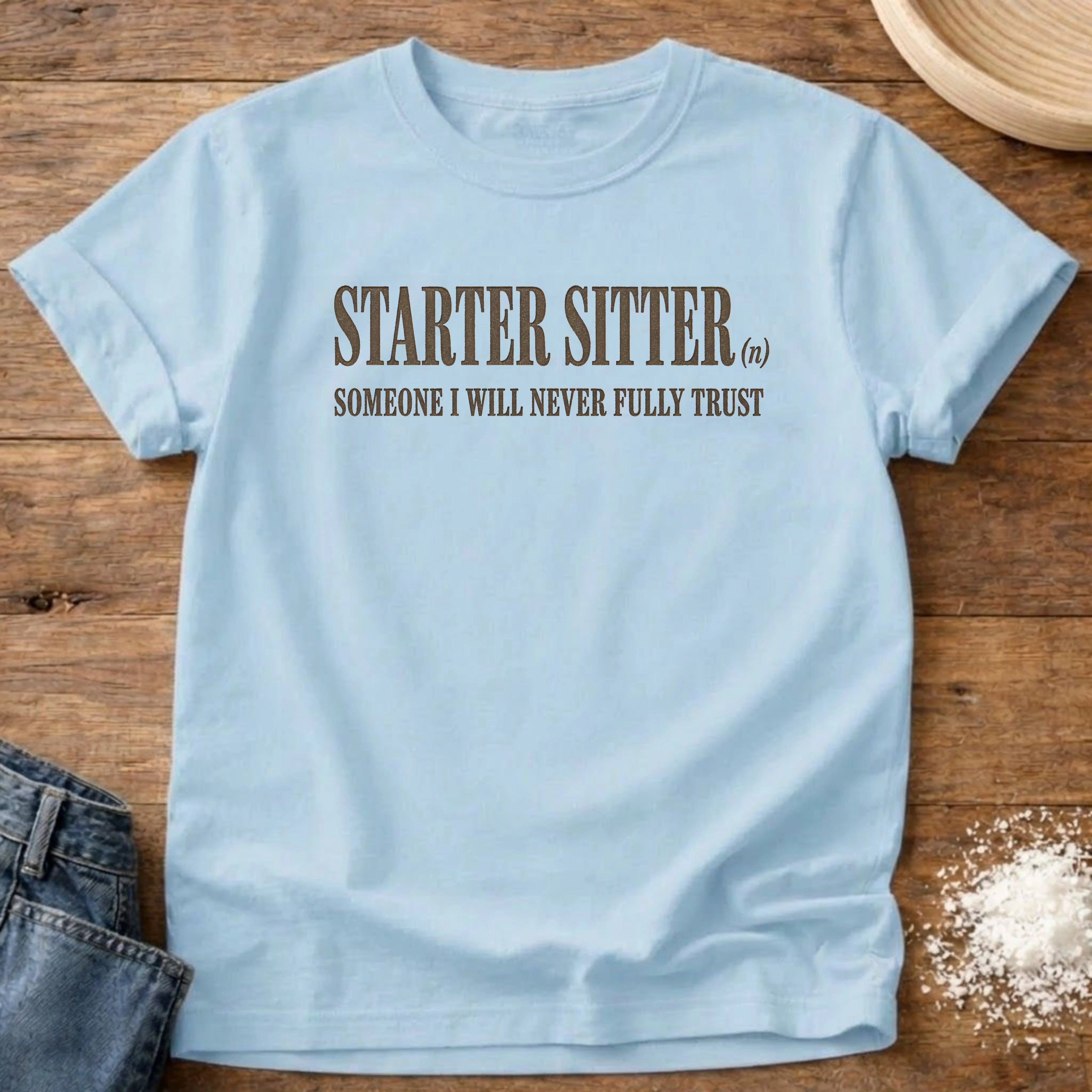 Knead More Fun Starter Sitter sourdough t-shirt in Chambray