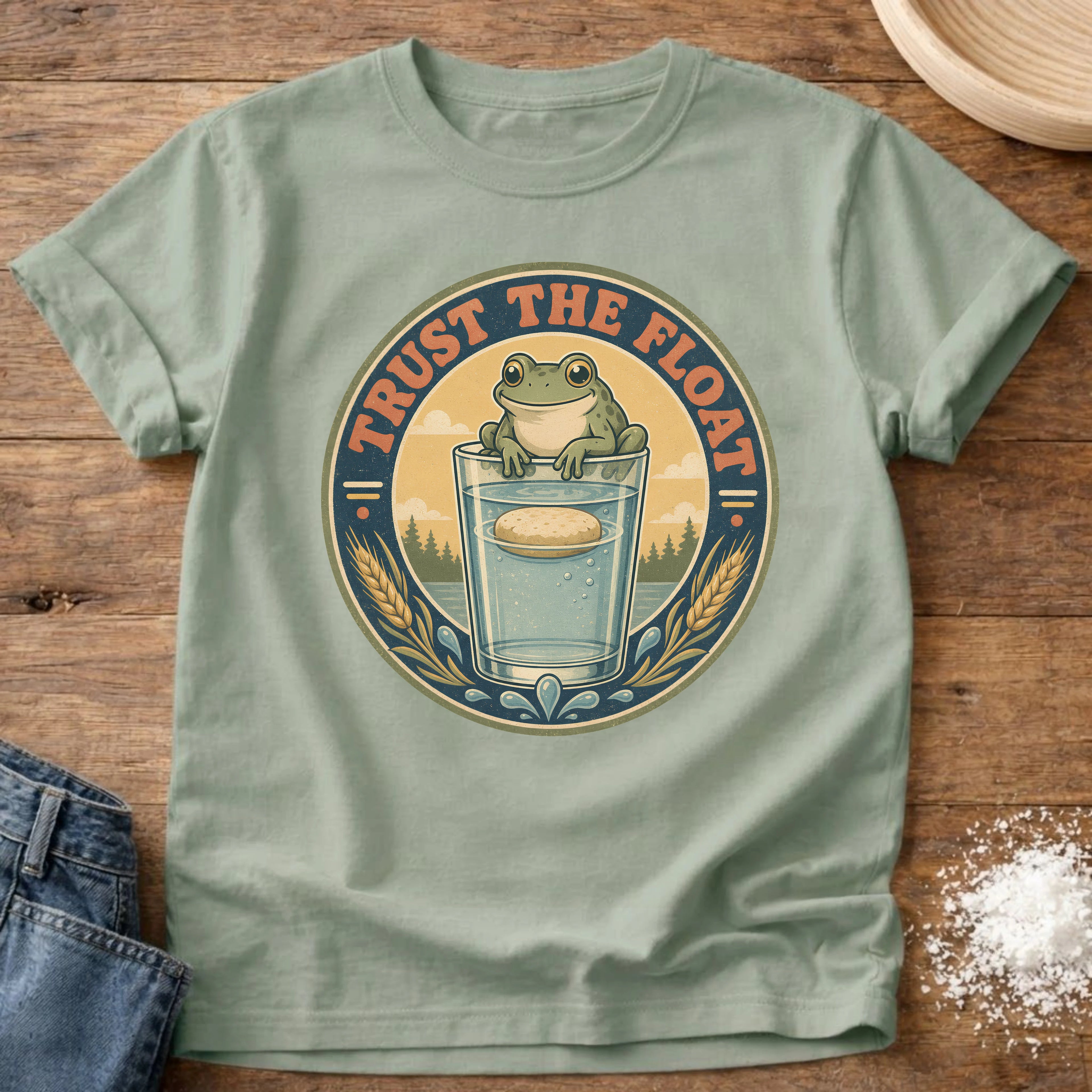 Knead More Fun Trust the Float Frog sourdough t-shirt in Bay