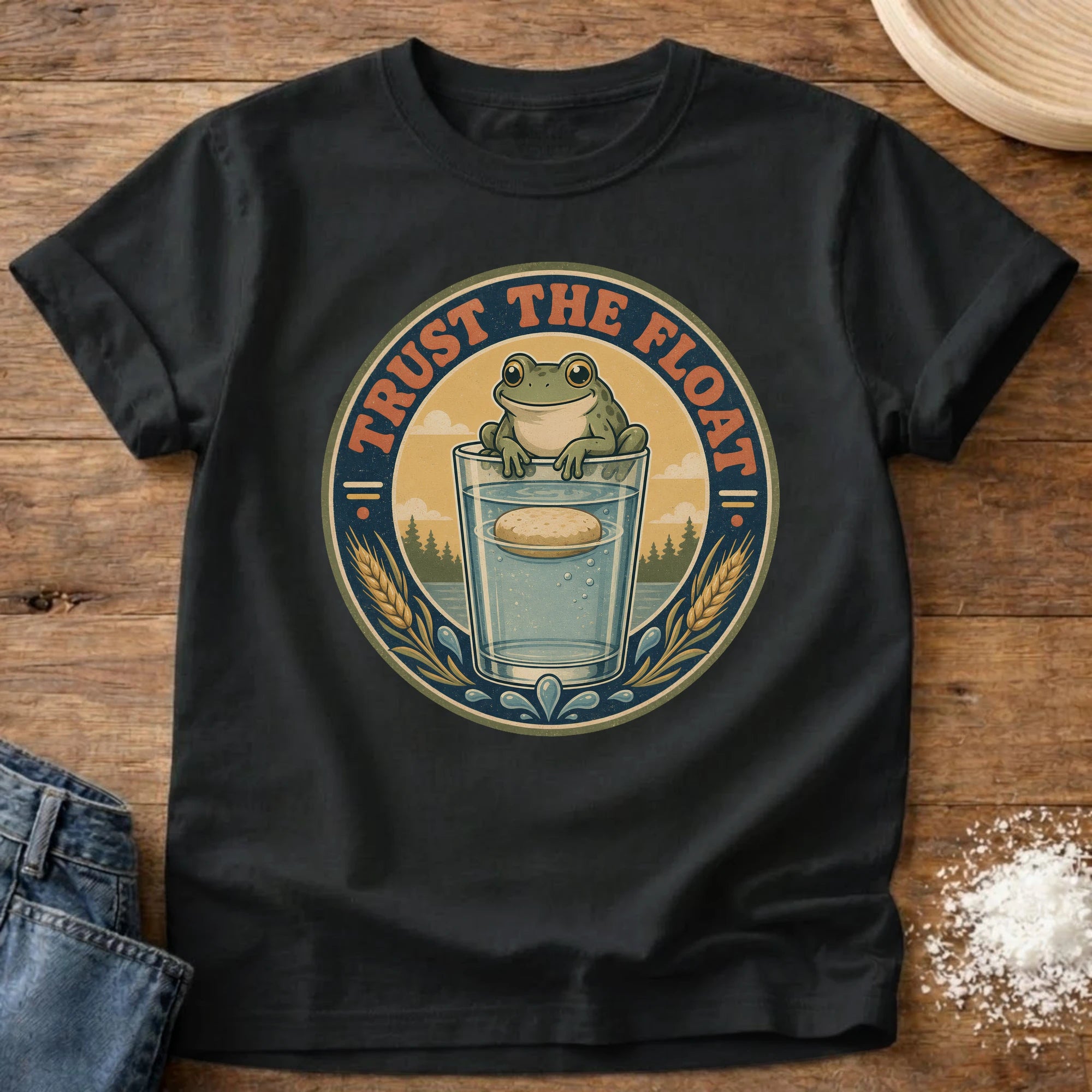 Knead More Fun Trust the Float Frog sourdough t-shirt in Black