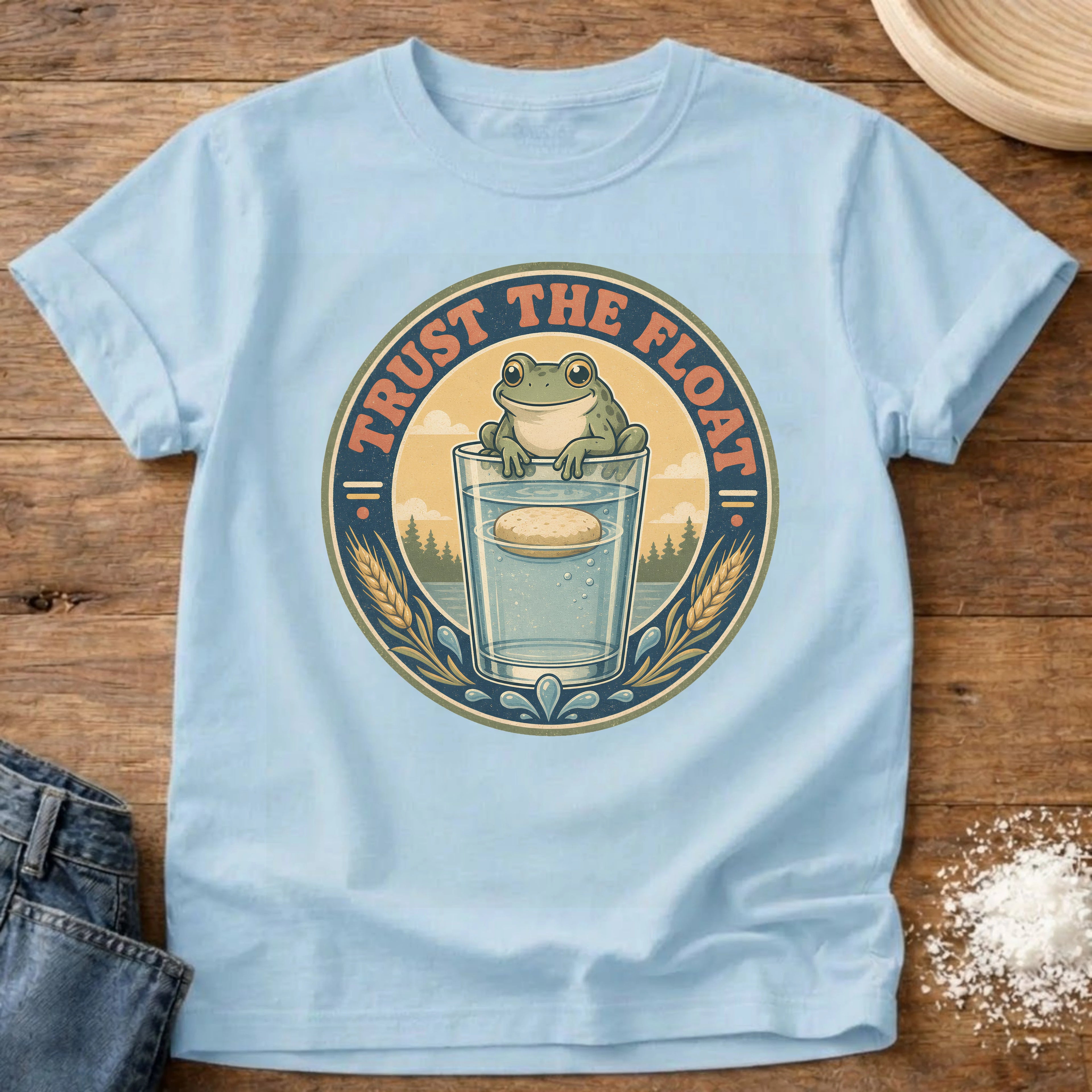 Knead More Fun Trust the Float Frog sourdough t-shirt in Chambray