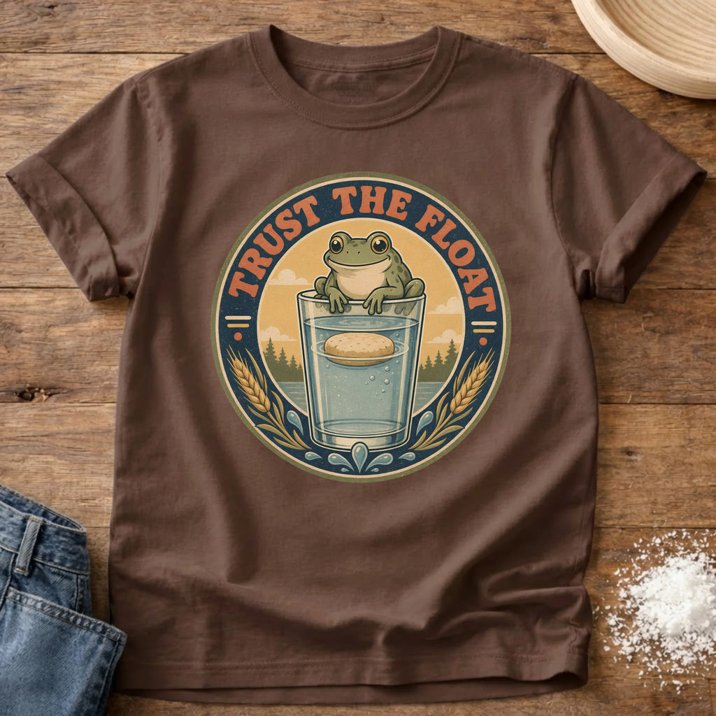 Knead More Fun Trust the Float Frog sourdough t-shirt in Espresso