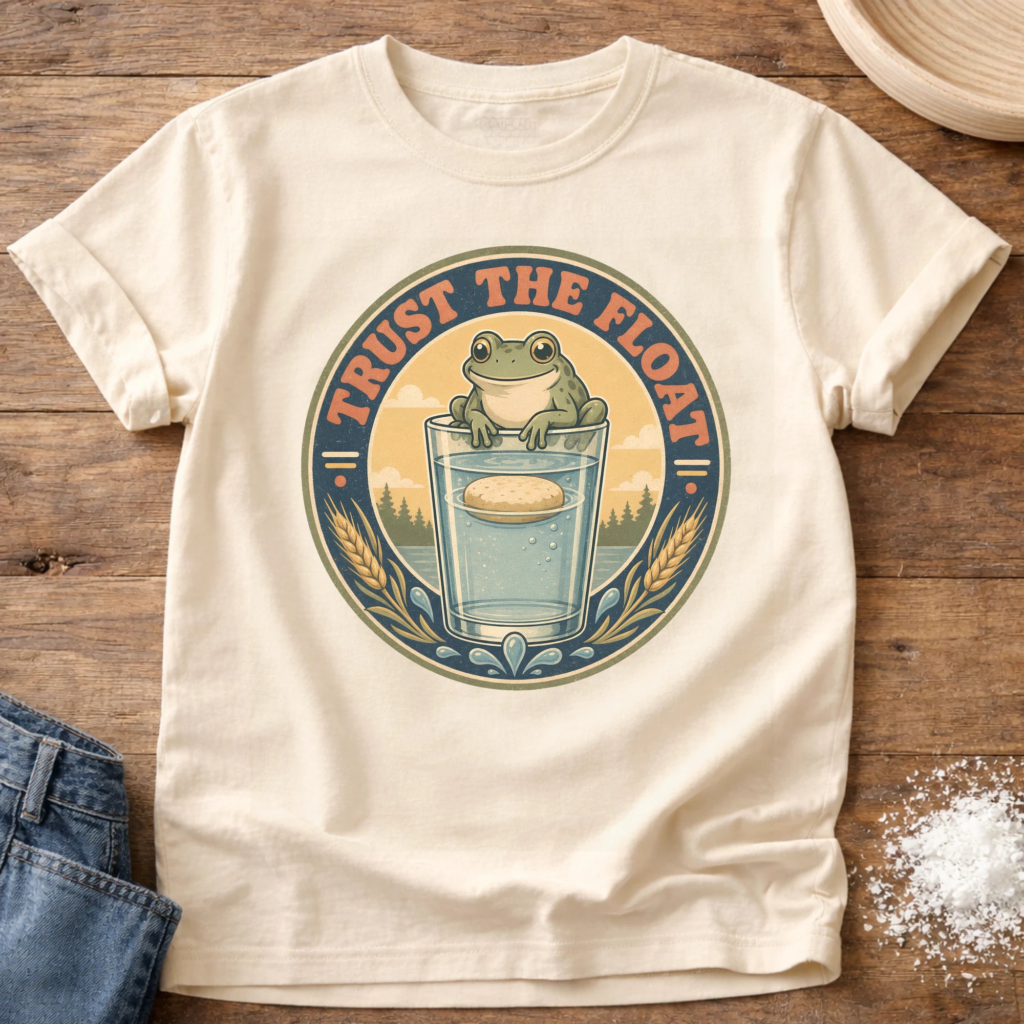 Knead More Fun Trust the Float Frog sourdough t-shirt in Ivory
