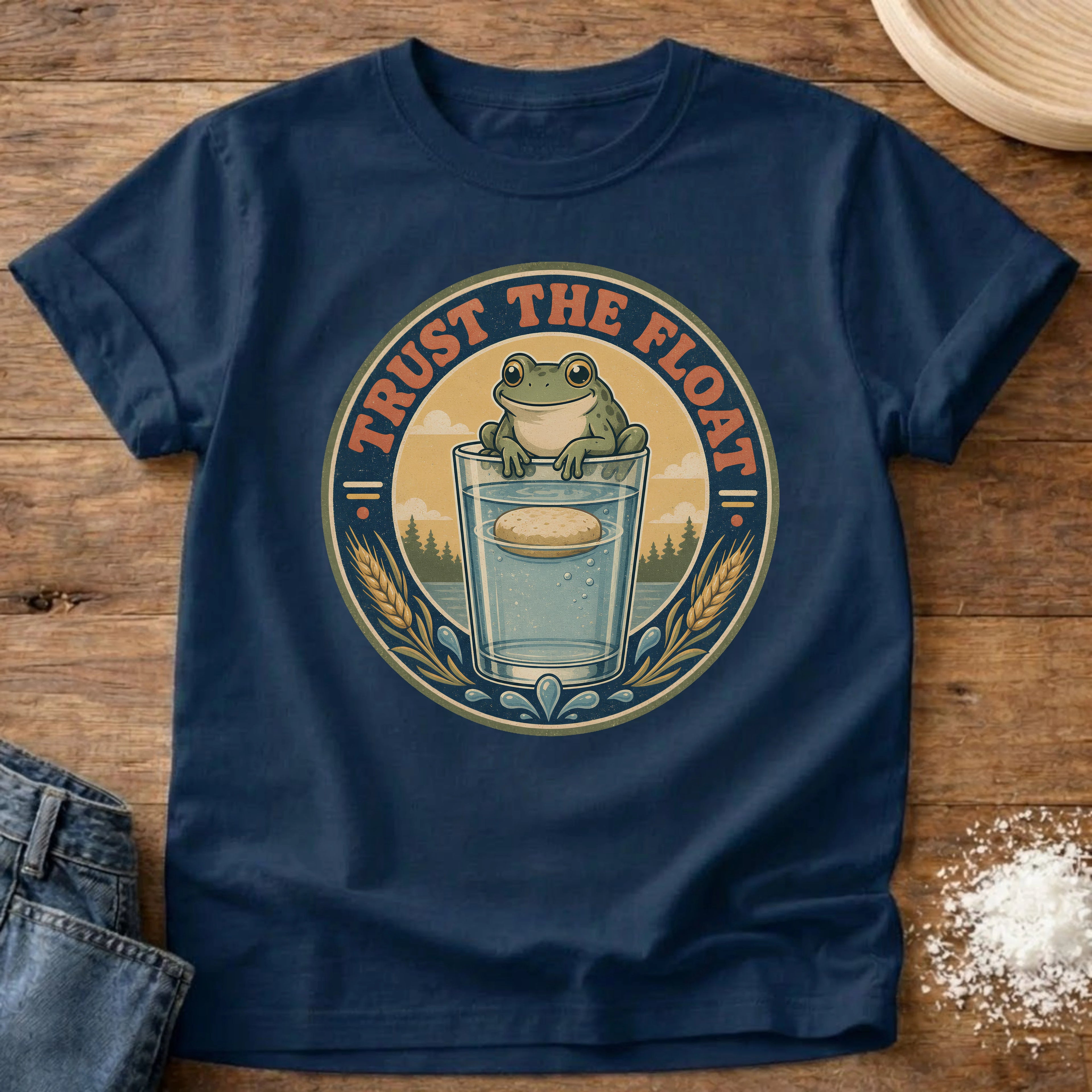 Knead More Fun Trust the Float Frog sourdough t-shirt in Navy