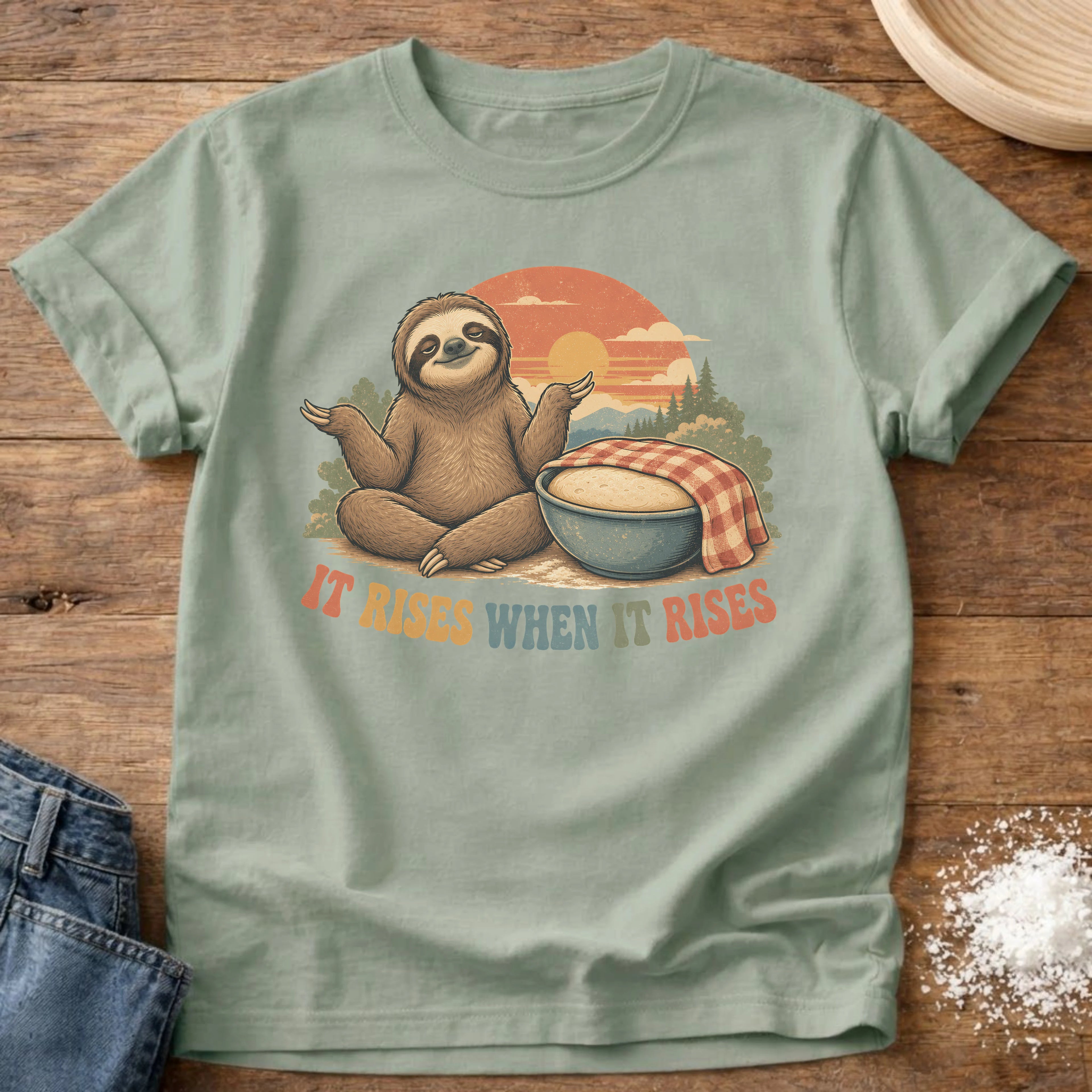 Knead More Fun When It Rises Sloth sourdough t-shirt in Bay
