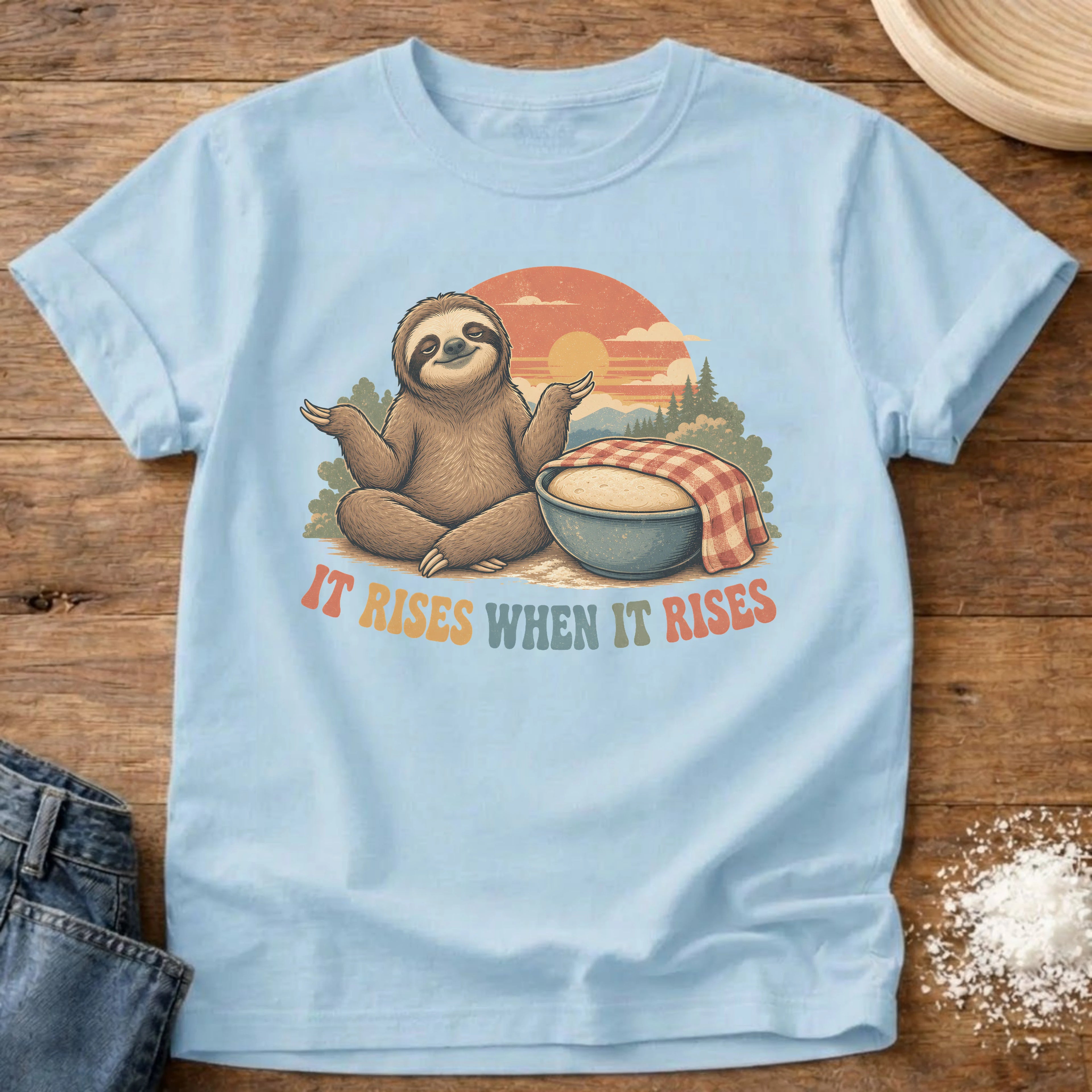 Knead More Fun When It Rises Sloth sourdough t-shirt in Chambray