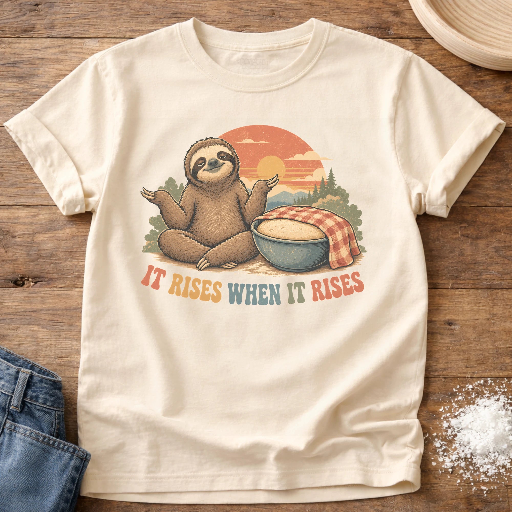 Knead More Fun When It Rises Sloth sourdough t-shirt in Ivory