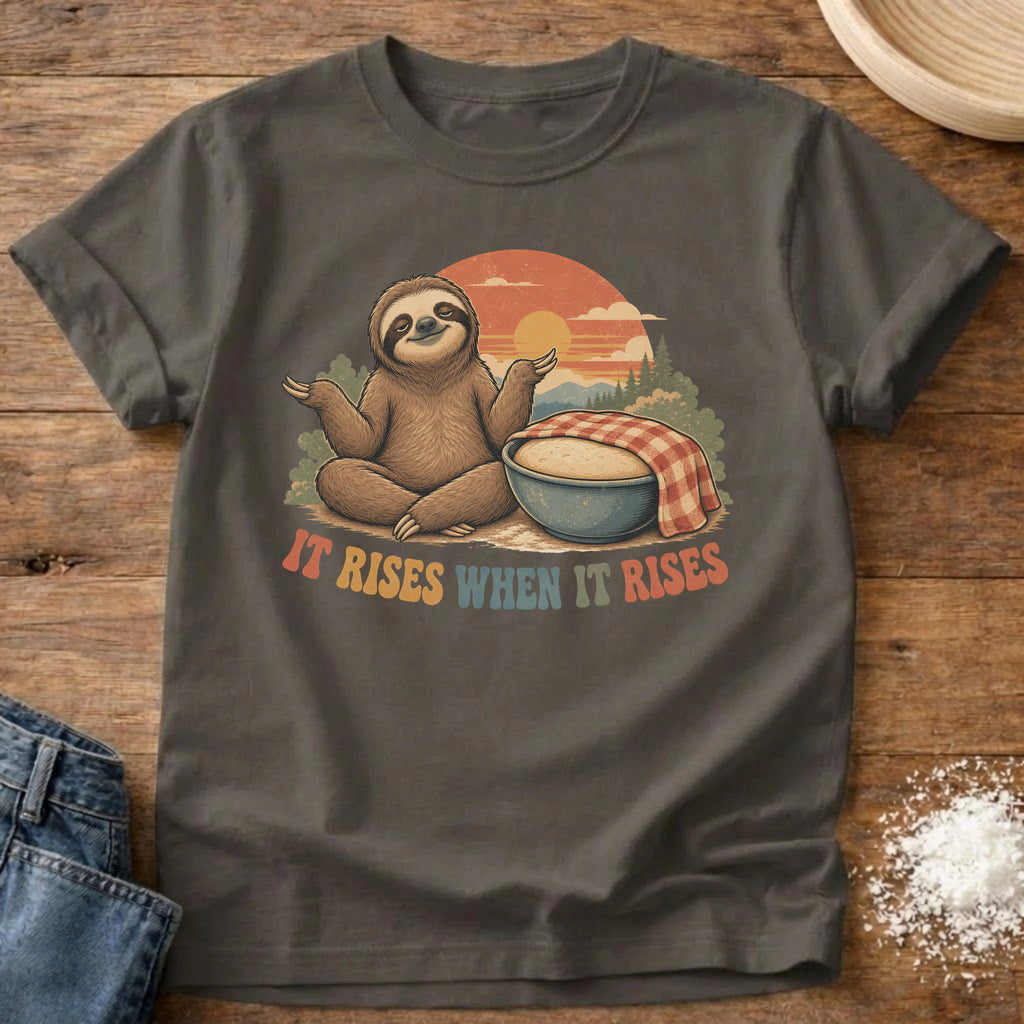 Knead More Fun When It Rises Sloth sourdough t-shirt in Pepper