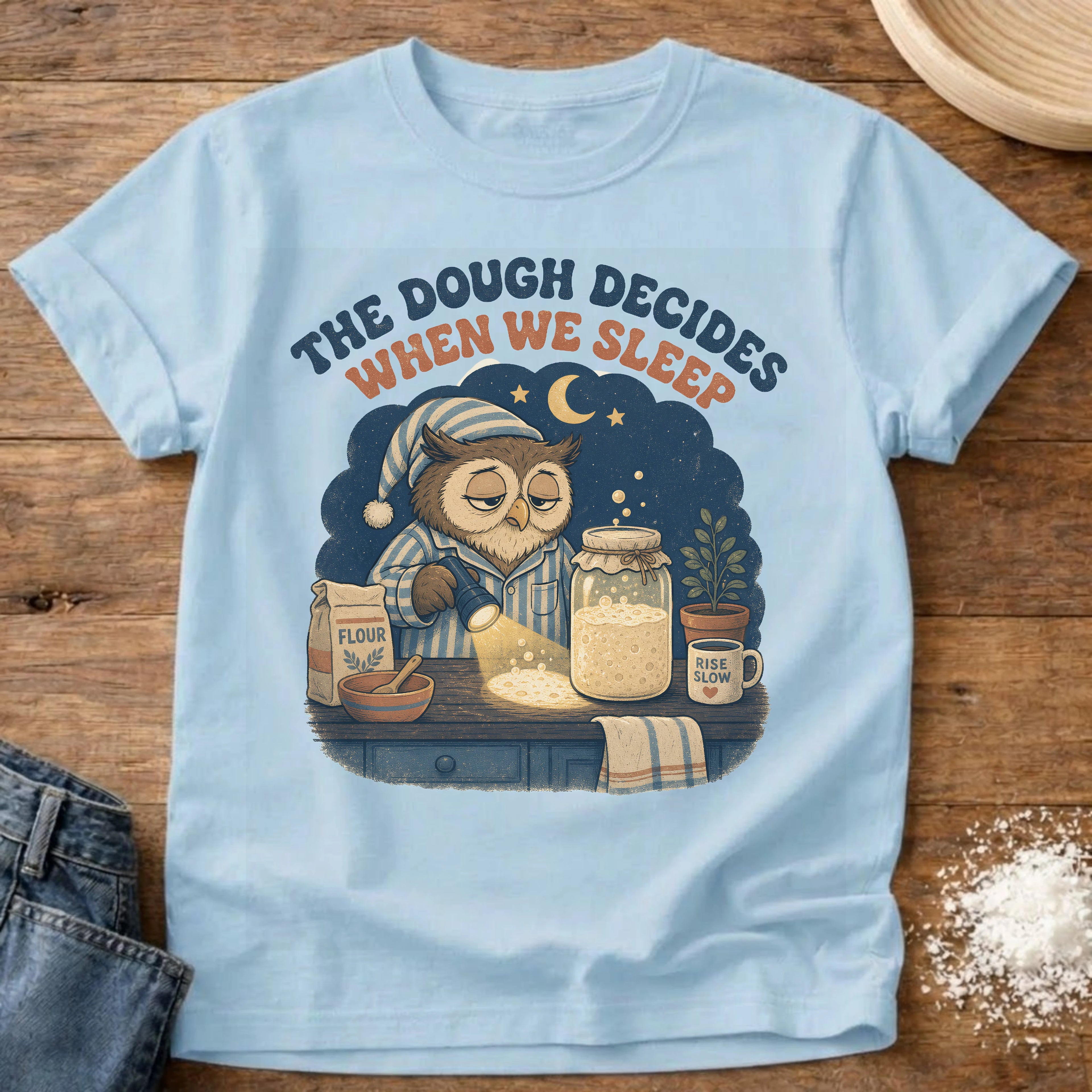 Knead More Fun When We Sleep Owl sourdough t-shirt in Chambray