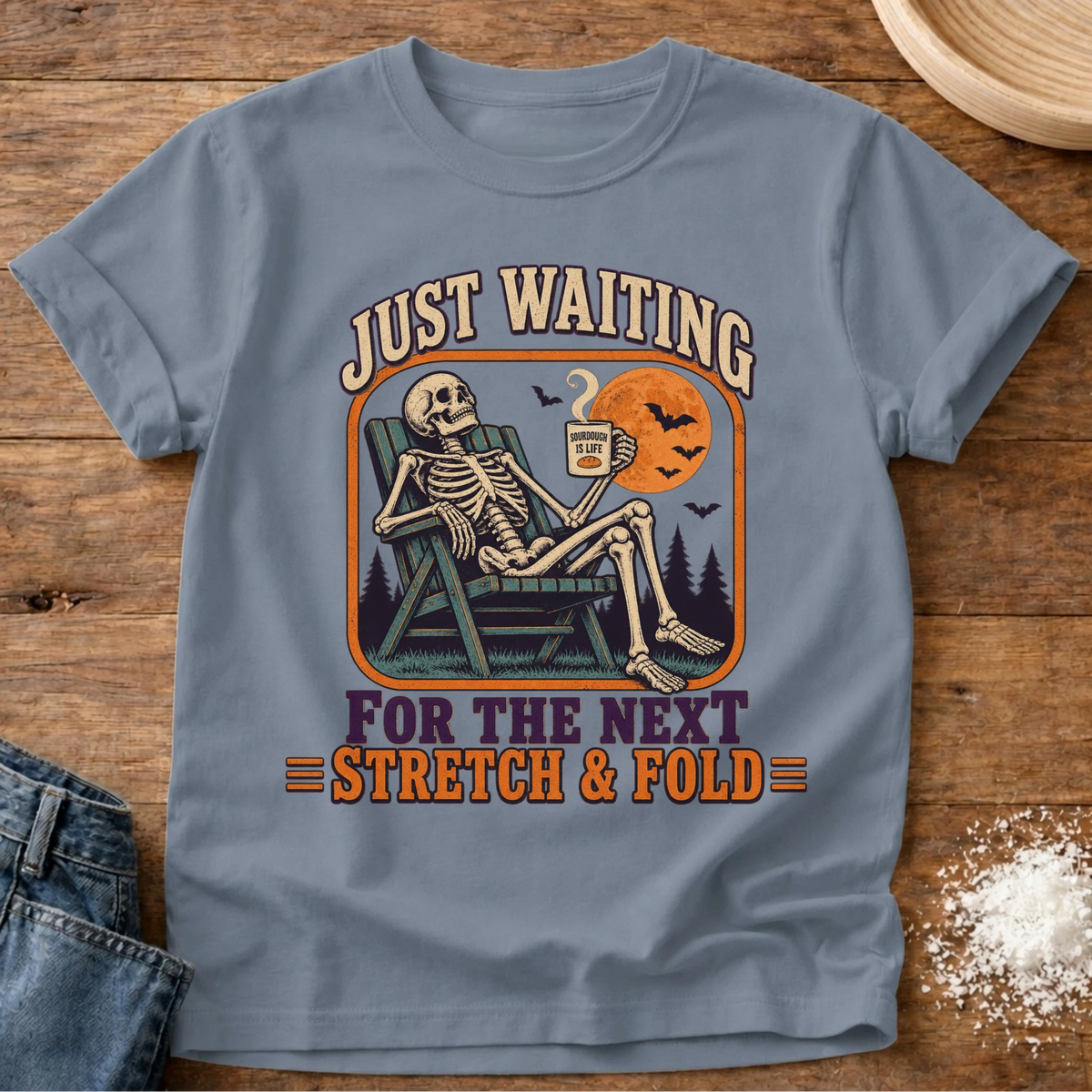 Knead More Fun Just Waiting graphic t-shirt in Blue Jean