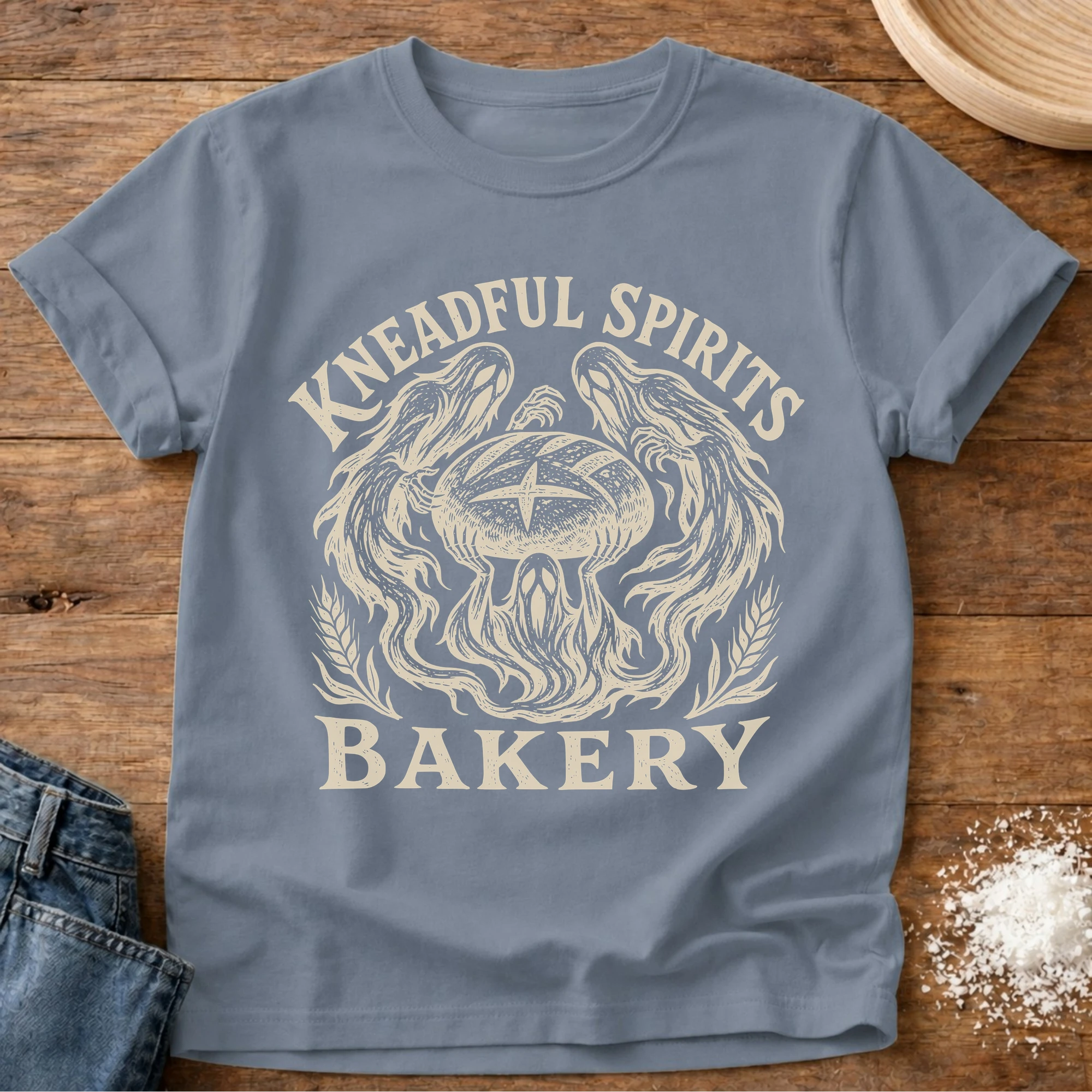 Knead More Fun Kneadful Spirits ghost bakery sourdough t-shirt in Blue Jean