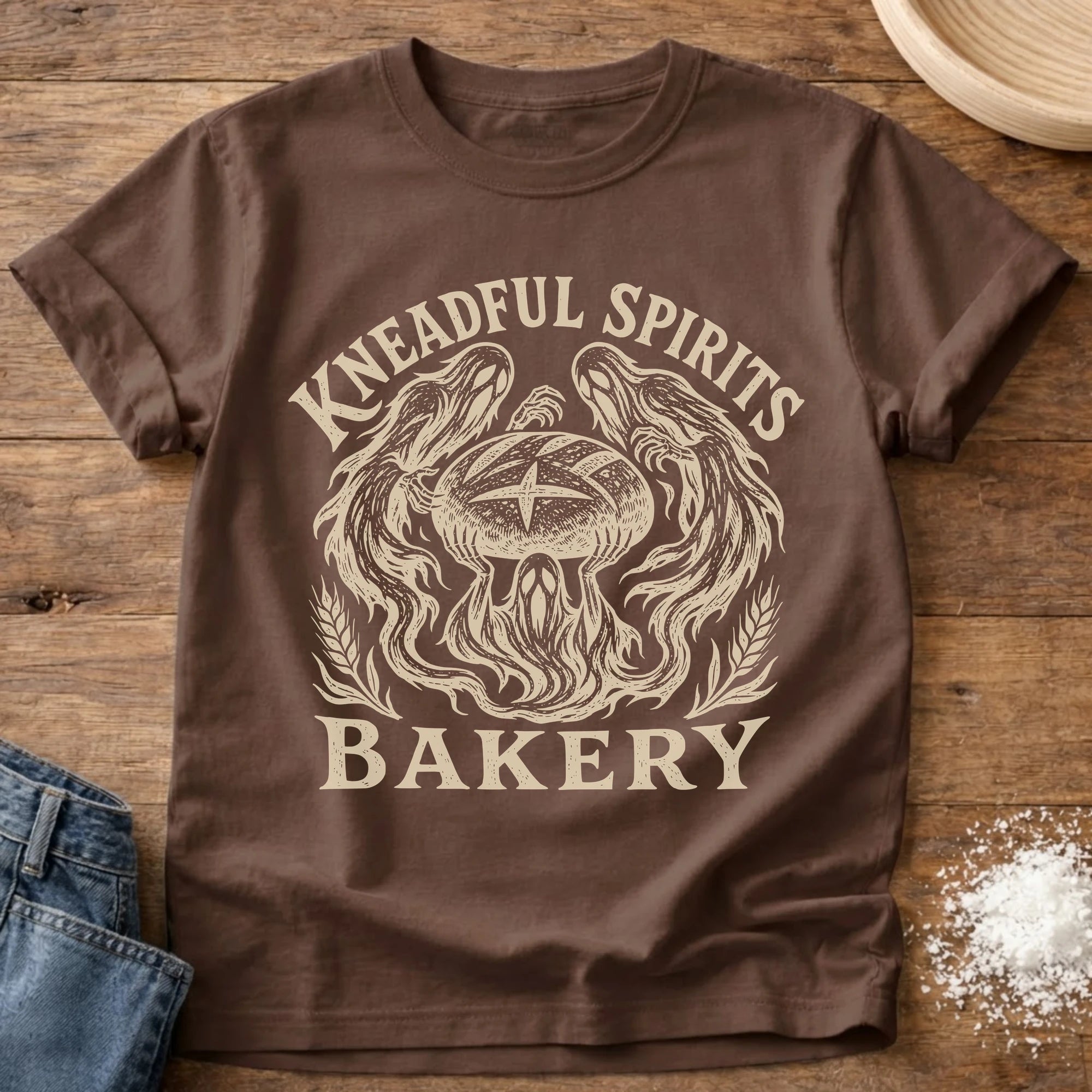 Knead More Fun Kneadful Spirits ghost bakery sourdough t-shirt in Espresso