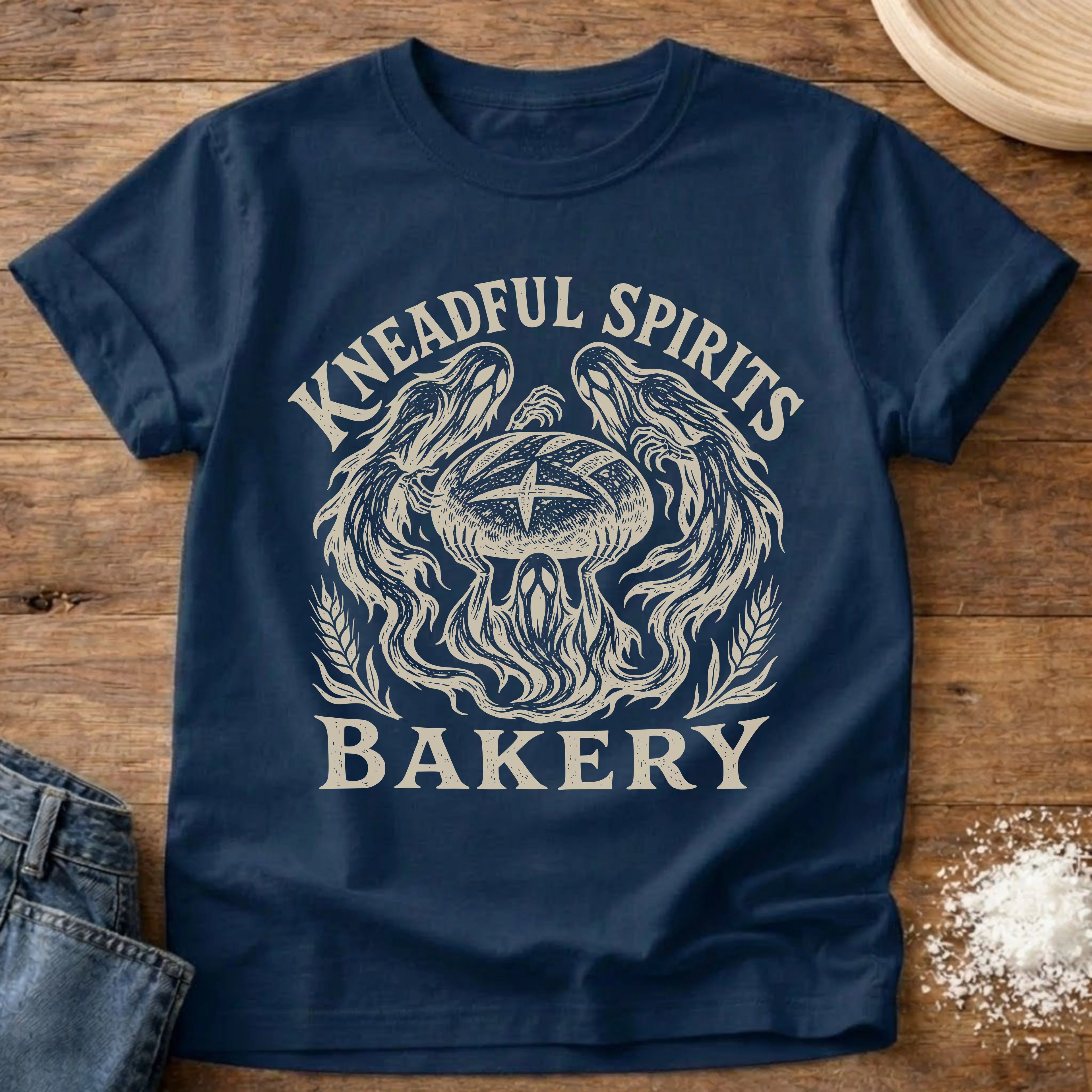 Knead More Fun Kneadful Spirits ghost bakery sourdough t-shirt in Navy