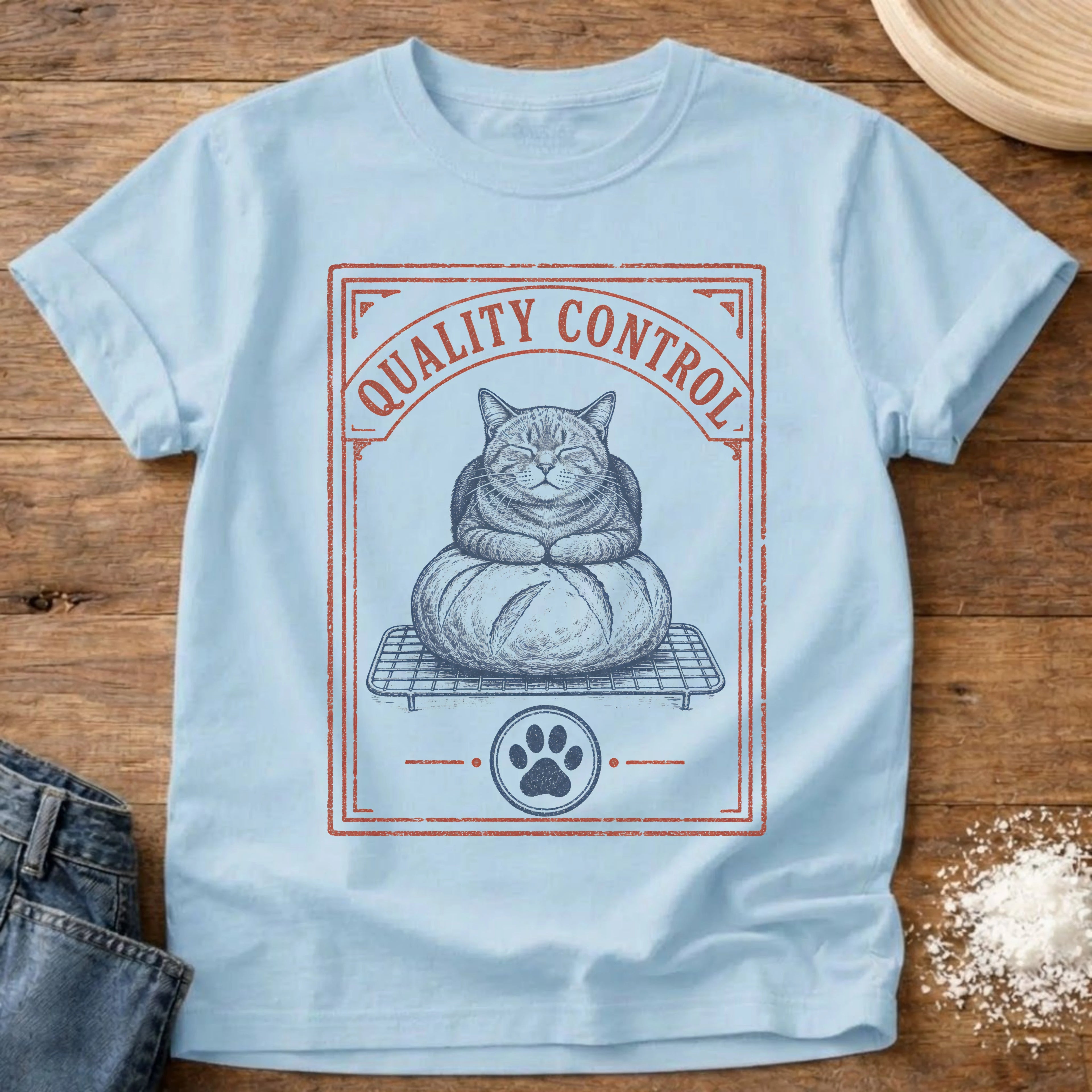Knead More Fun Loaf Quality Control Cat sourdough t-shirt in Chambray