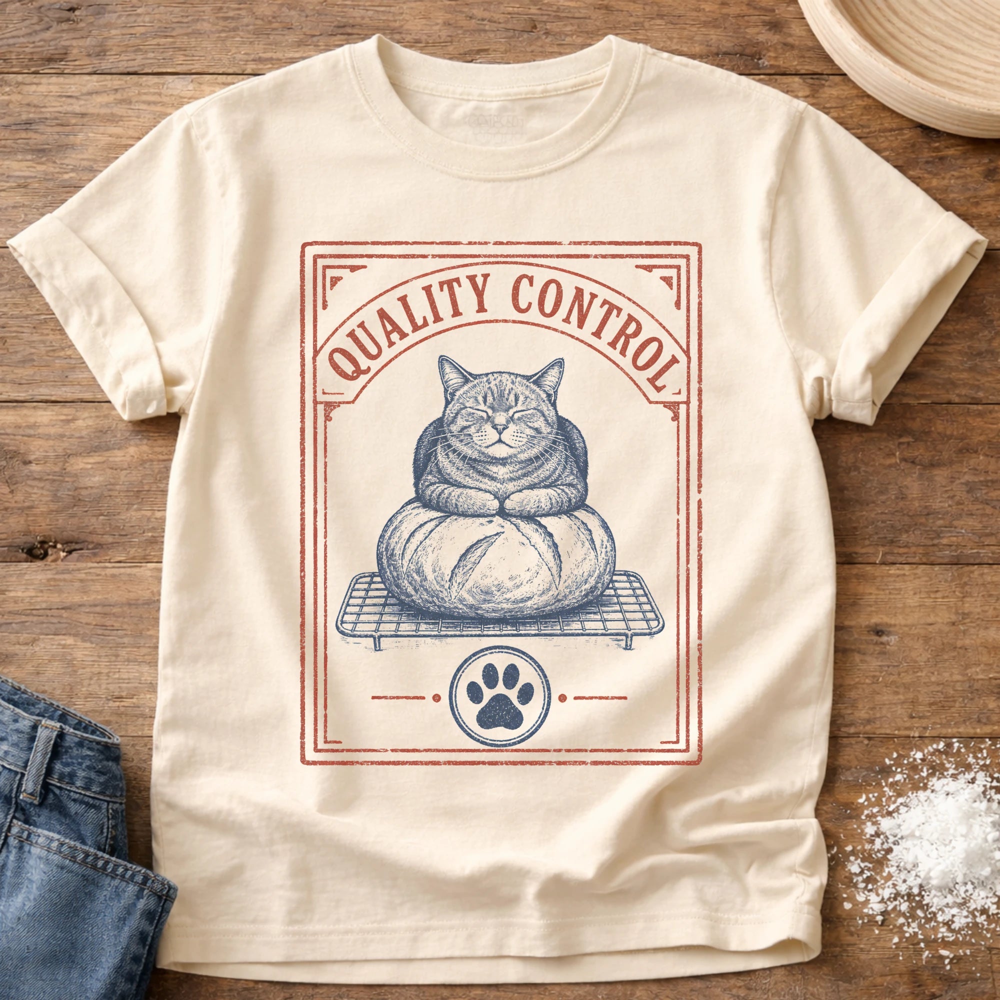 Knead More Fun Loaf Quality Control Cat sourdough t-shirt in Ivory
