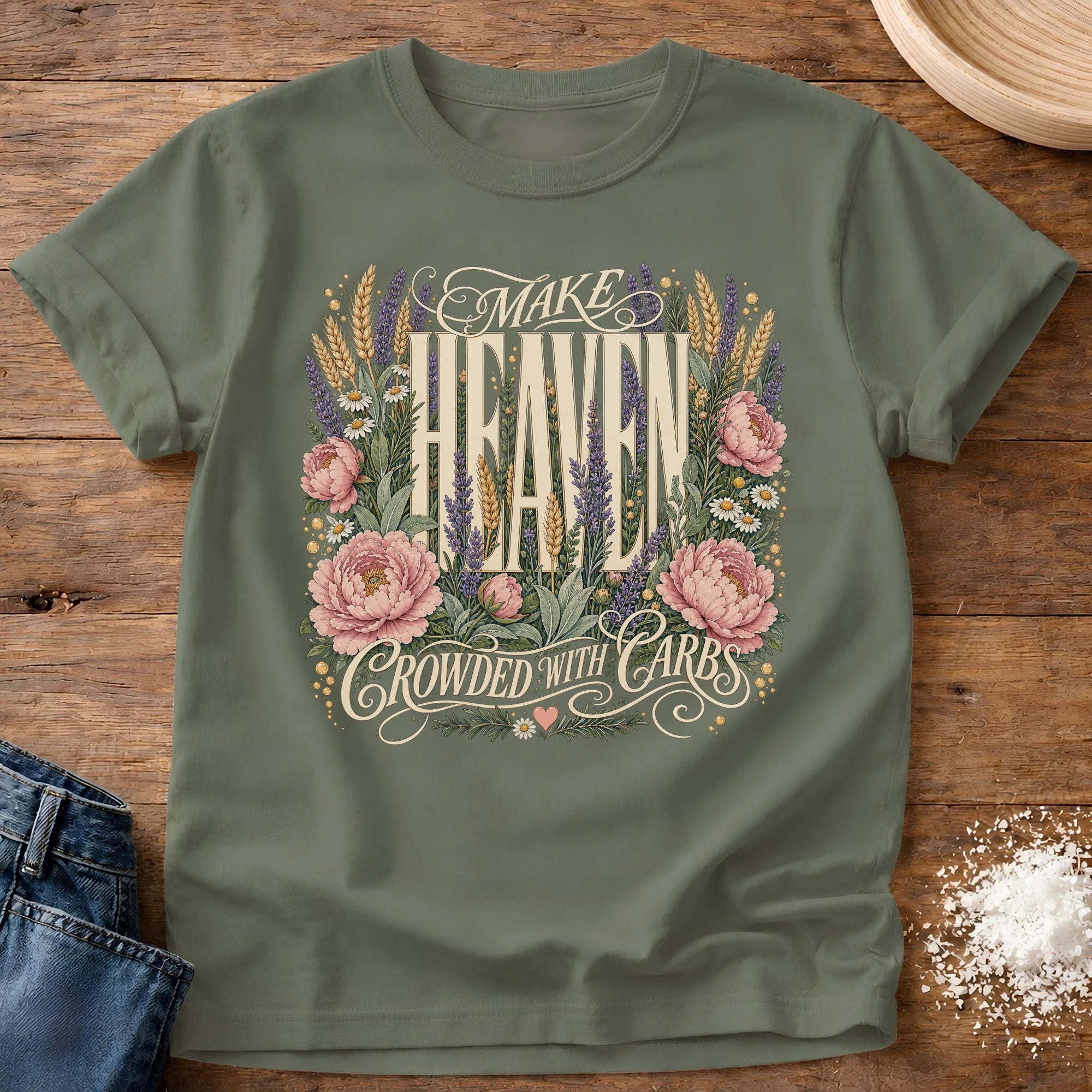 Knead More Fun Make Heaven Crowded sourdough t-shirt in Moss