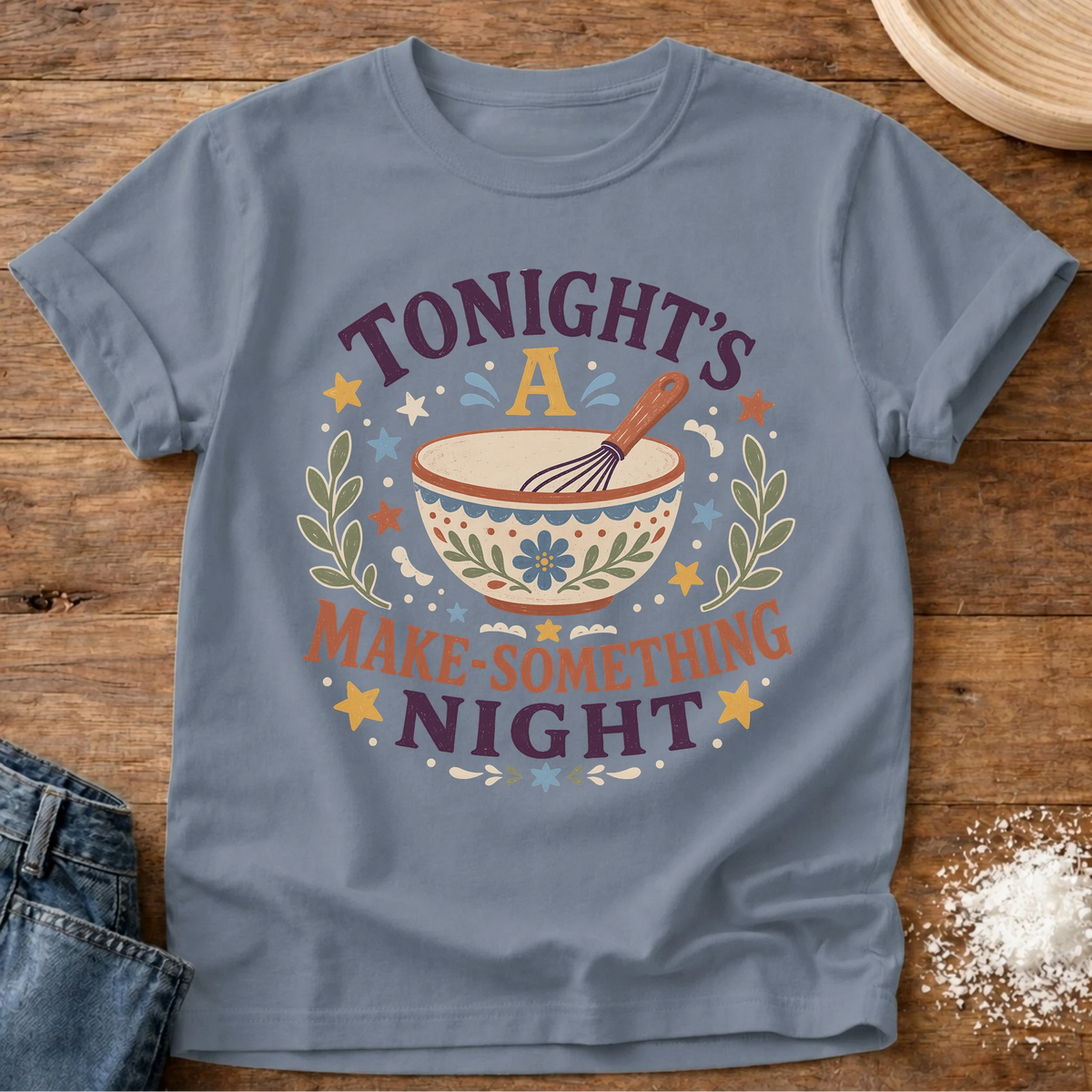 Knead More Fun Make Something Night homebody t-shirt in Blue Jean
