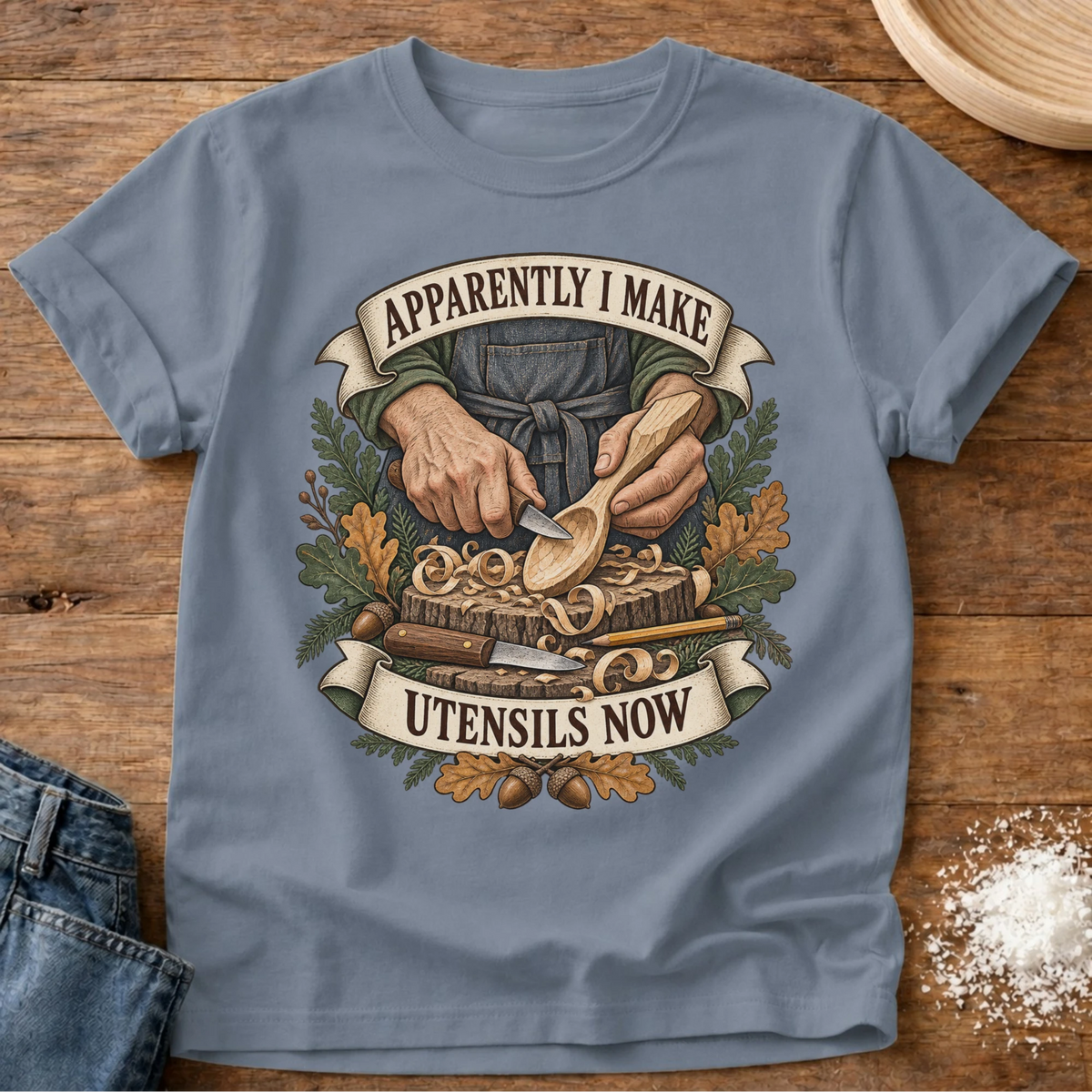 Knead More Fun Make Utensils graphic t-shirt in Blue Jean