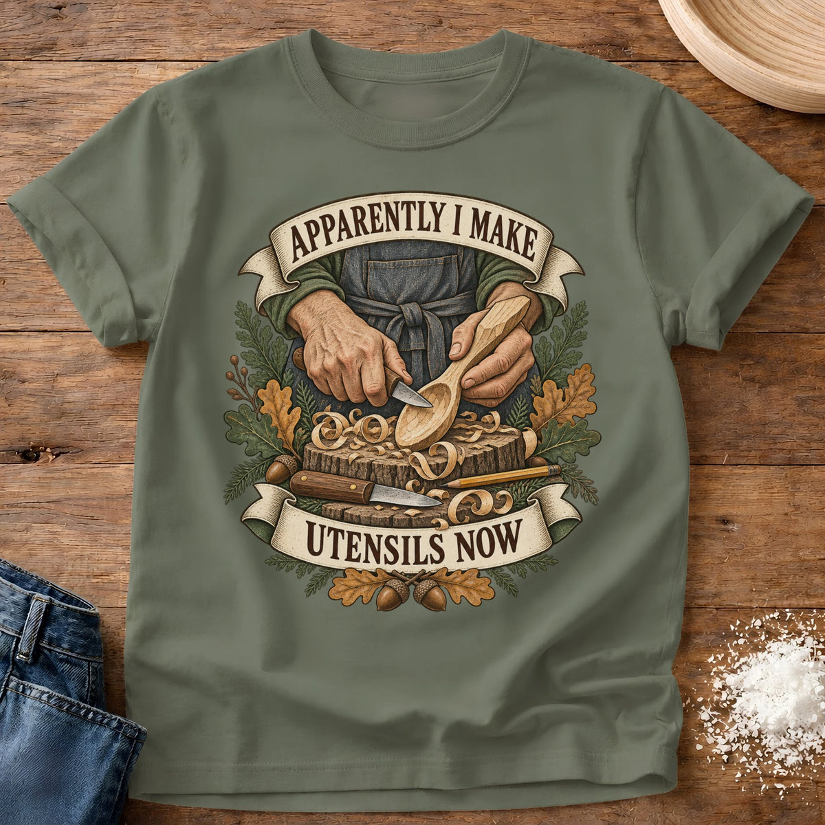 Knead More Fun Make Utensils graphic t-shirt in Moss