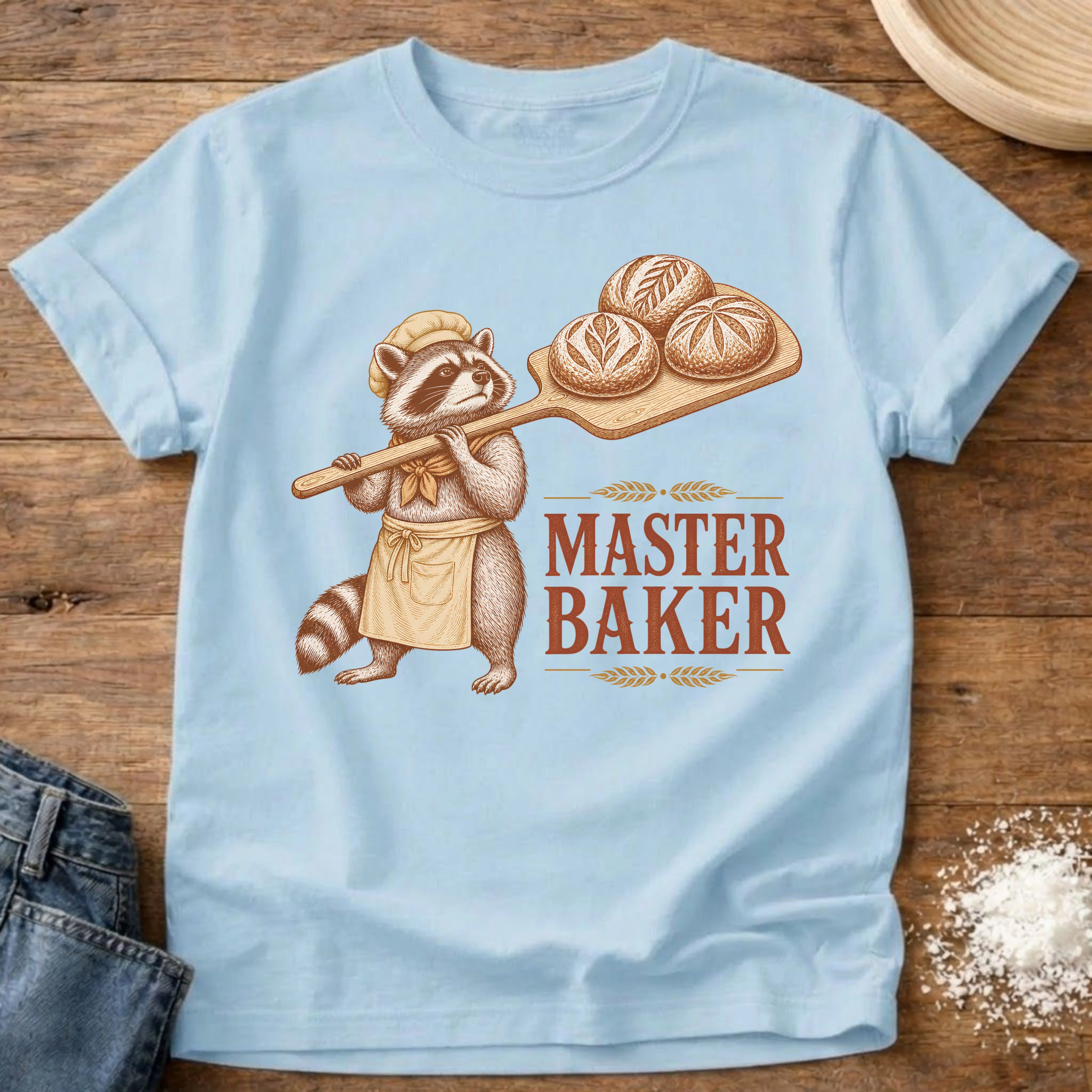 Knead More Fun Master Baker Raccoon sourdough t-shirt in Chambray