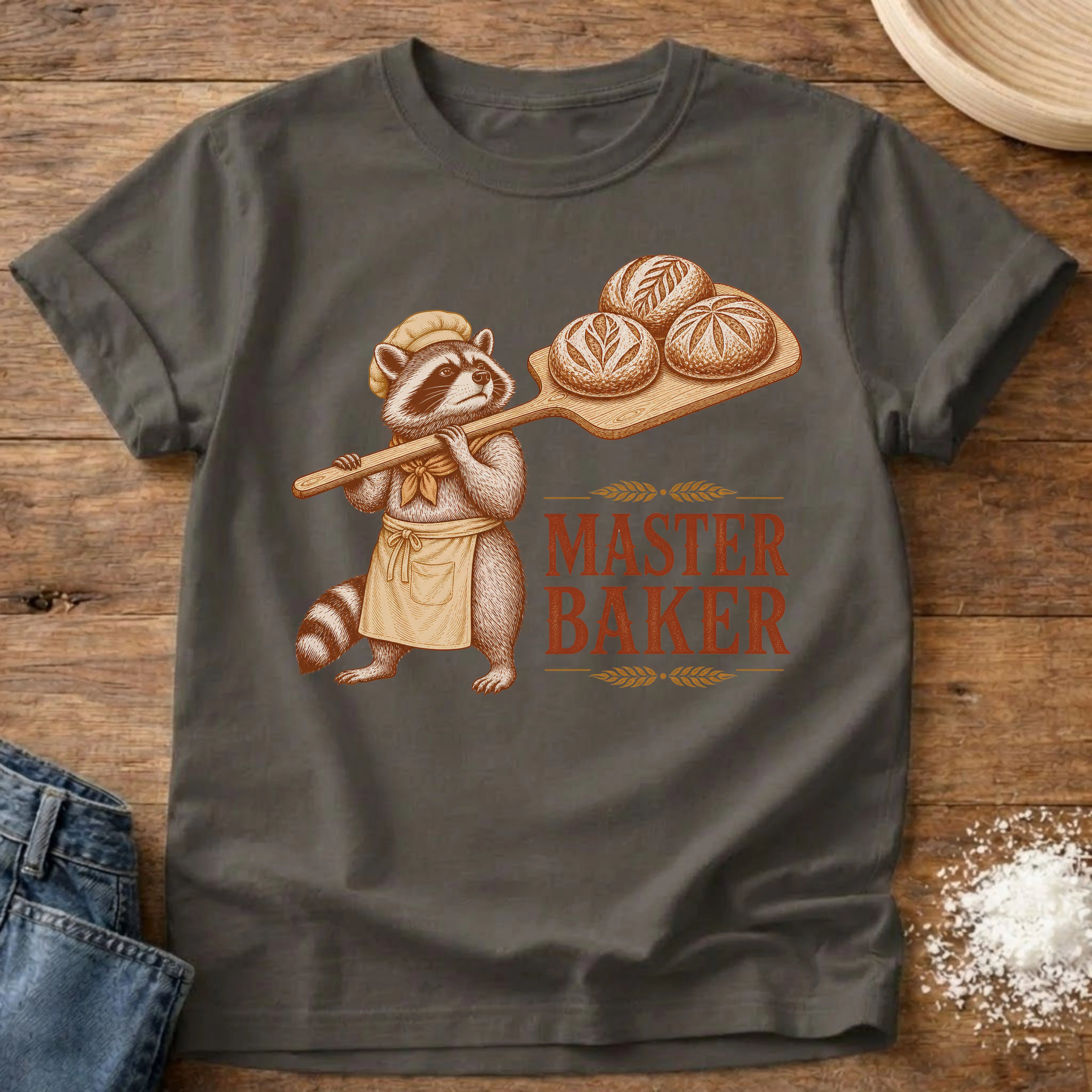 Knead More Fun Master Baker Raccoon sourdough t-shirt in Pepper