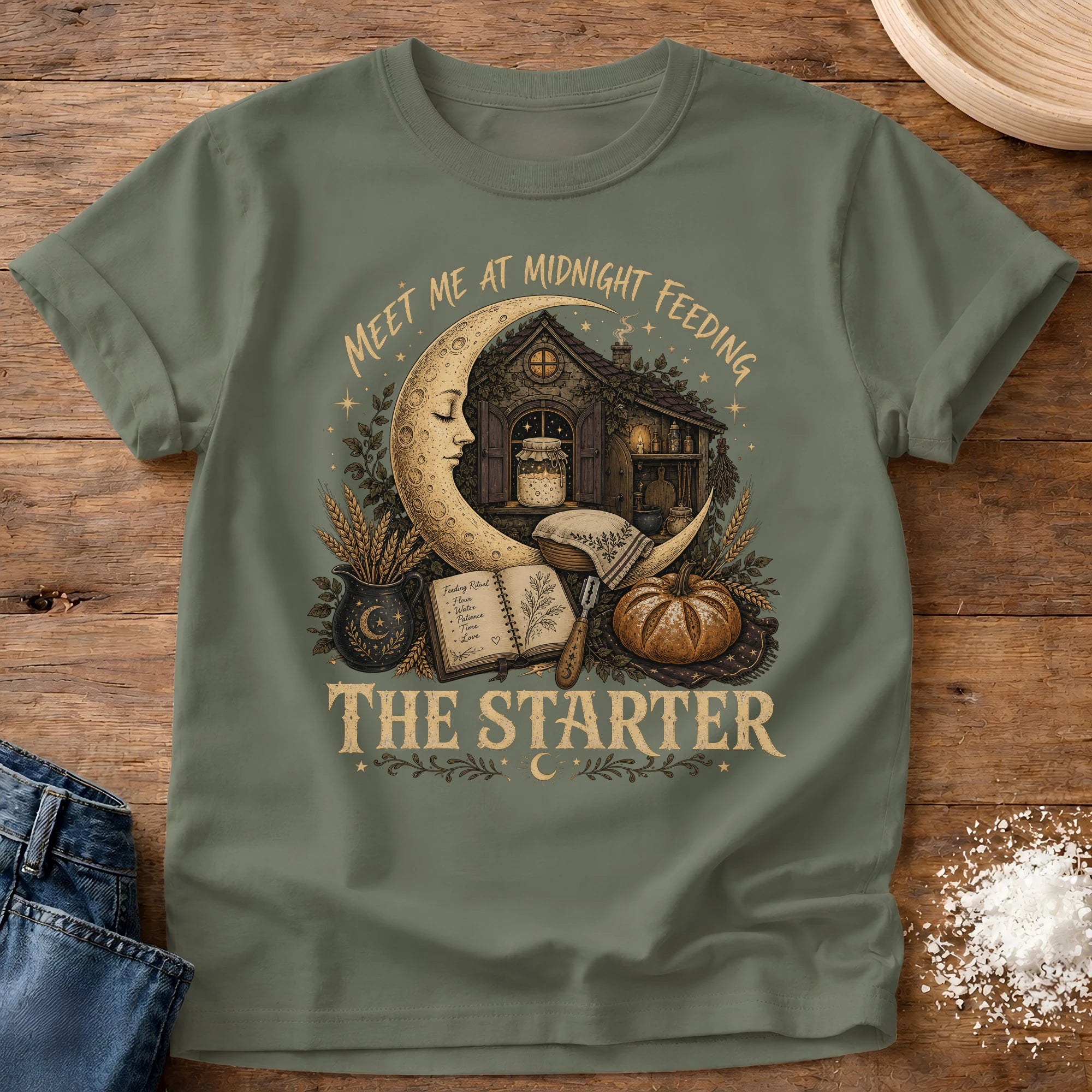 Knead More Fun Midnight Feeding sourdough t-shirt in Moss
