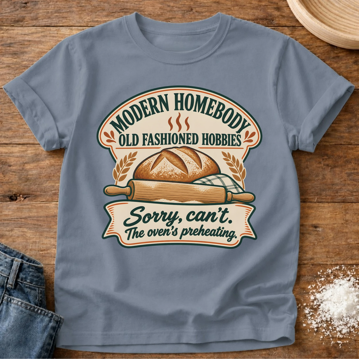 Knead More Fun Modern Homebody bread baking t-shirt in Blue Jean