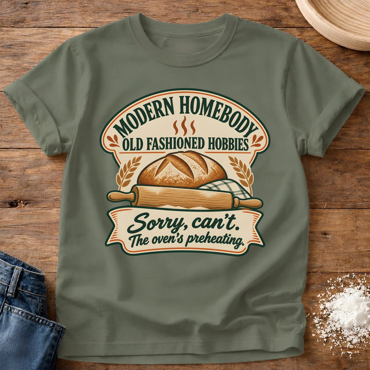 Knead More Fun Modern Homebody bread baking t-shirt in Moss